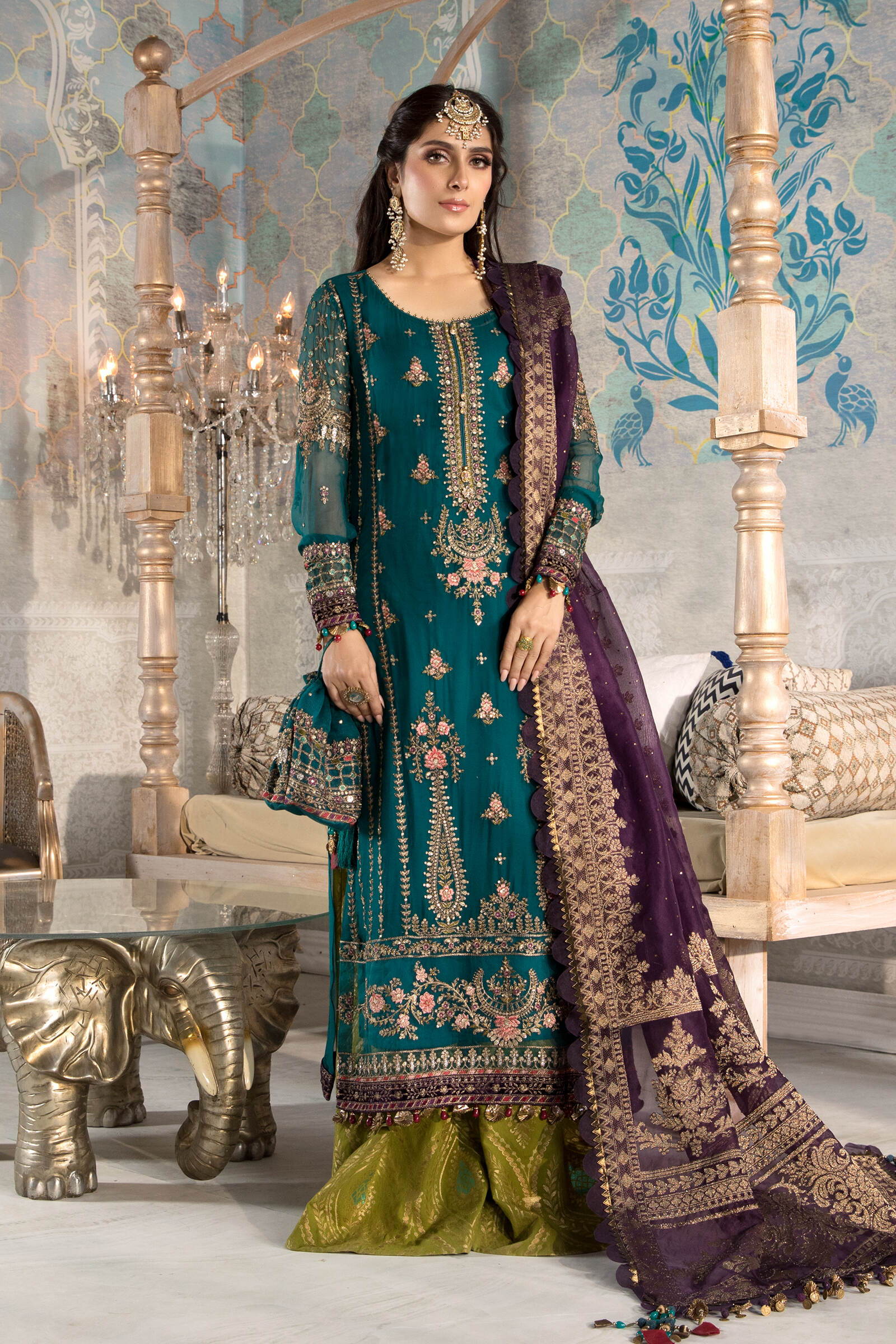 Unstitched MBROIDERED - Teal blue, Olive Green and Purple (BD-2202) - Image 2