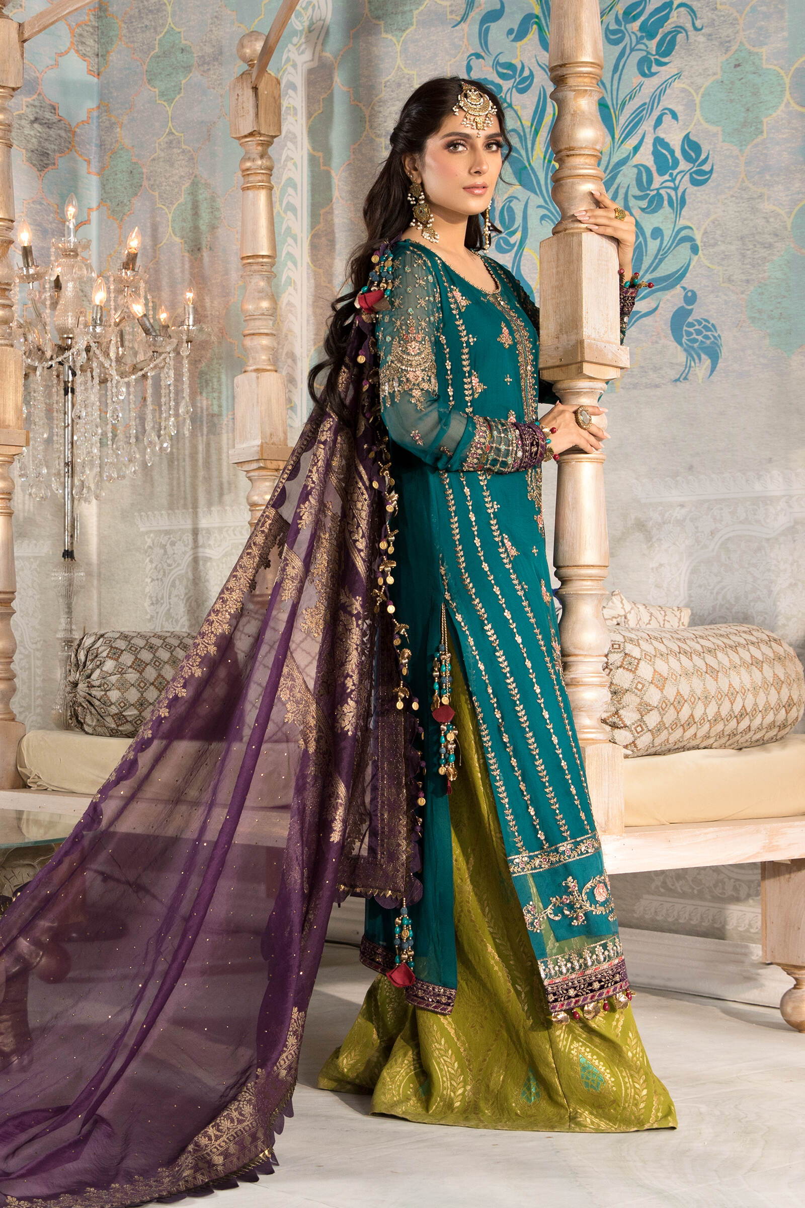 Unstitched MBROIDERED - Teal blue, Olive Green and Purple (BD-2202) - Image 3
