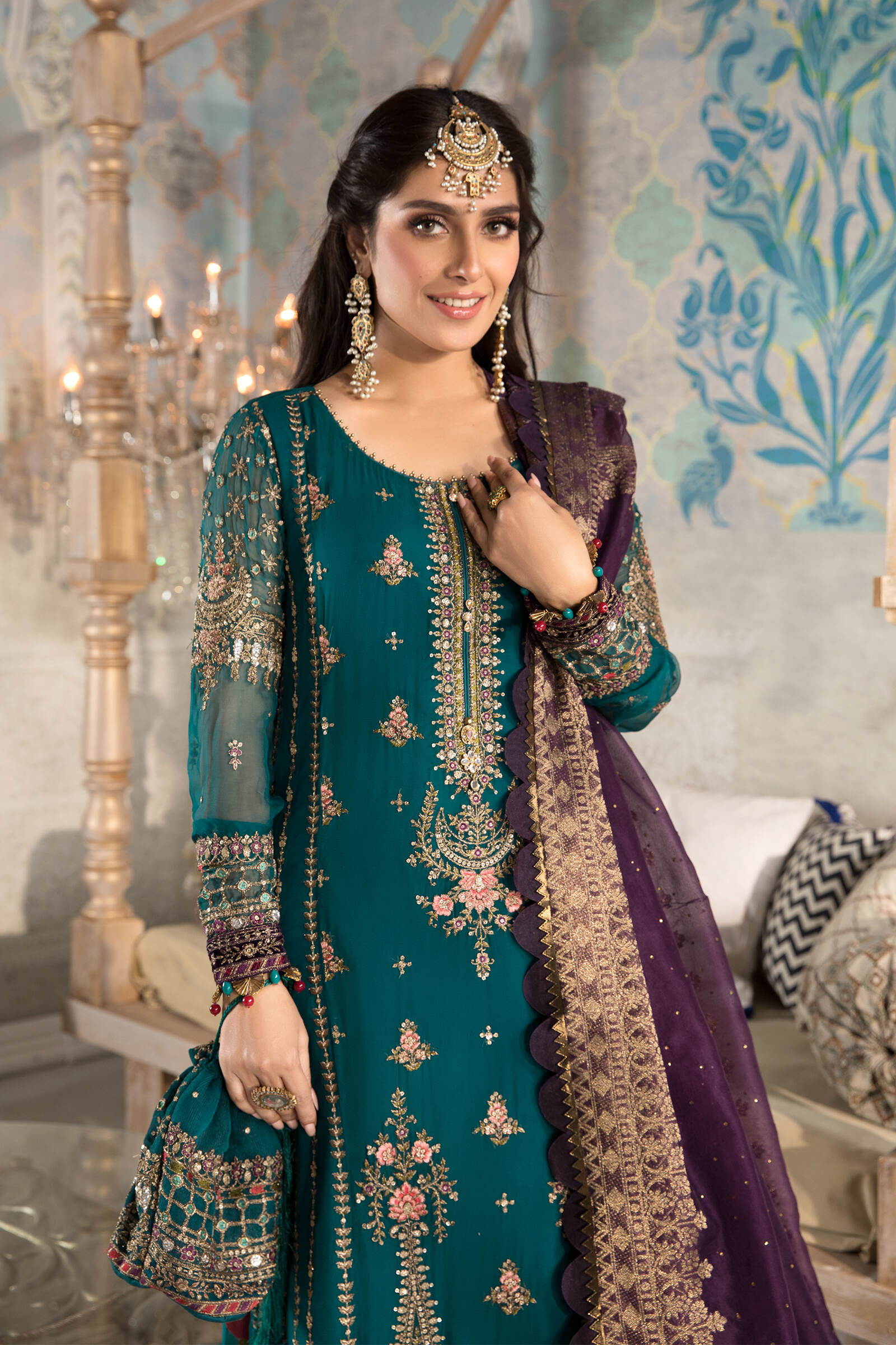 Unstitched MBROIDERED - Teal blue, Olive Green and Purple (BD-2202) - Image 4