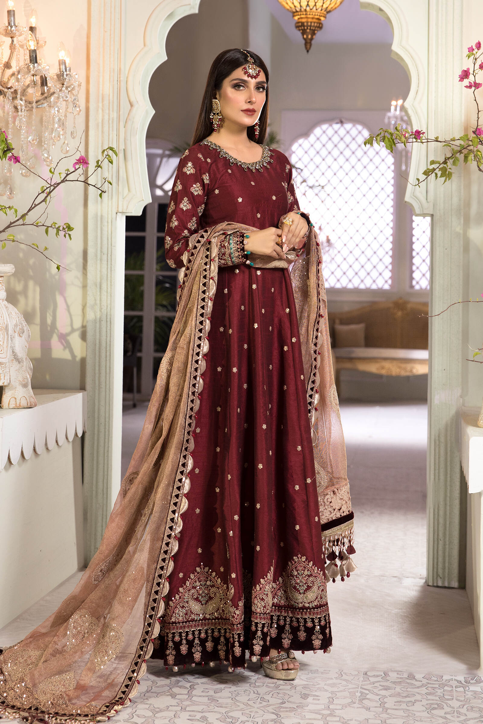 Unstitched MBROIDERED - Maroon and Salmon pink (BD-2204) - Image 2