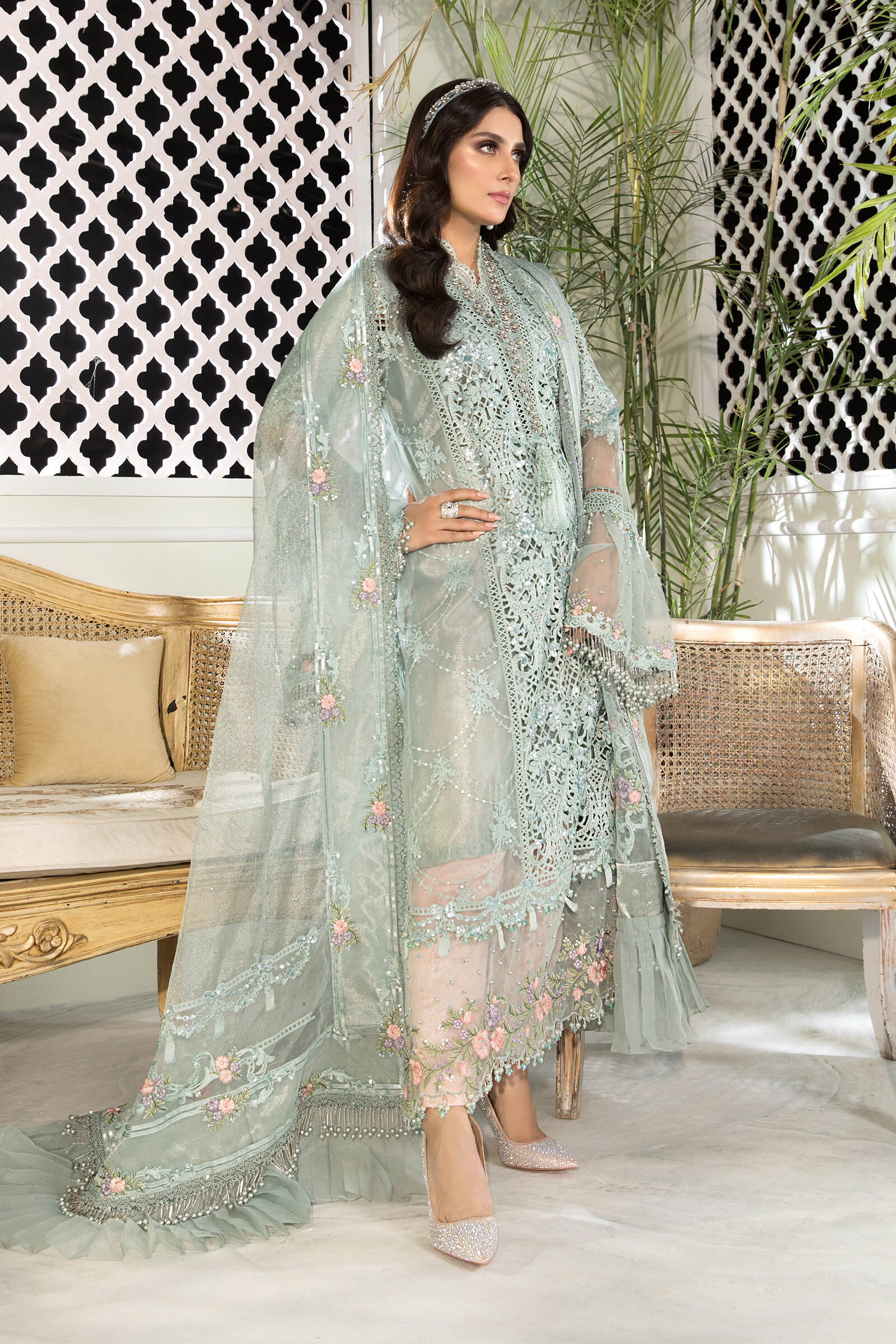 Unstitched MBROIDERED - Sky blue and Peach (BD-2206) - Image 2