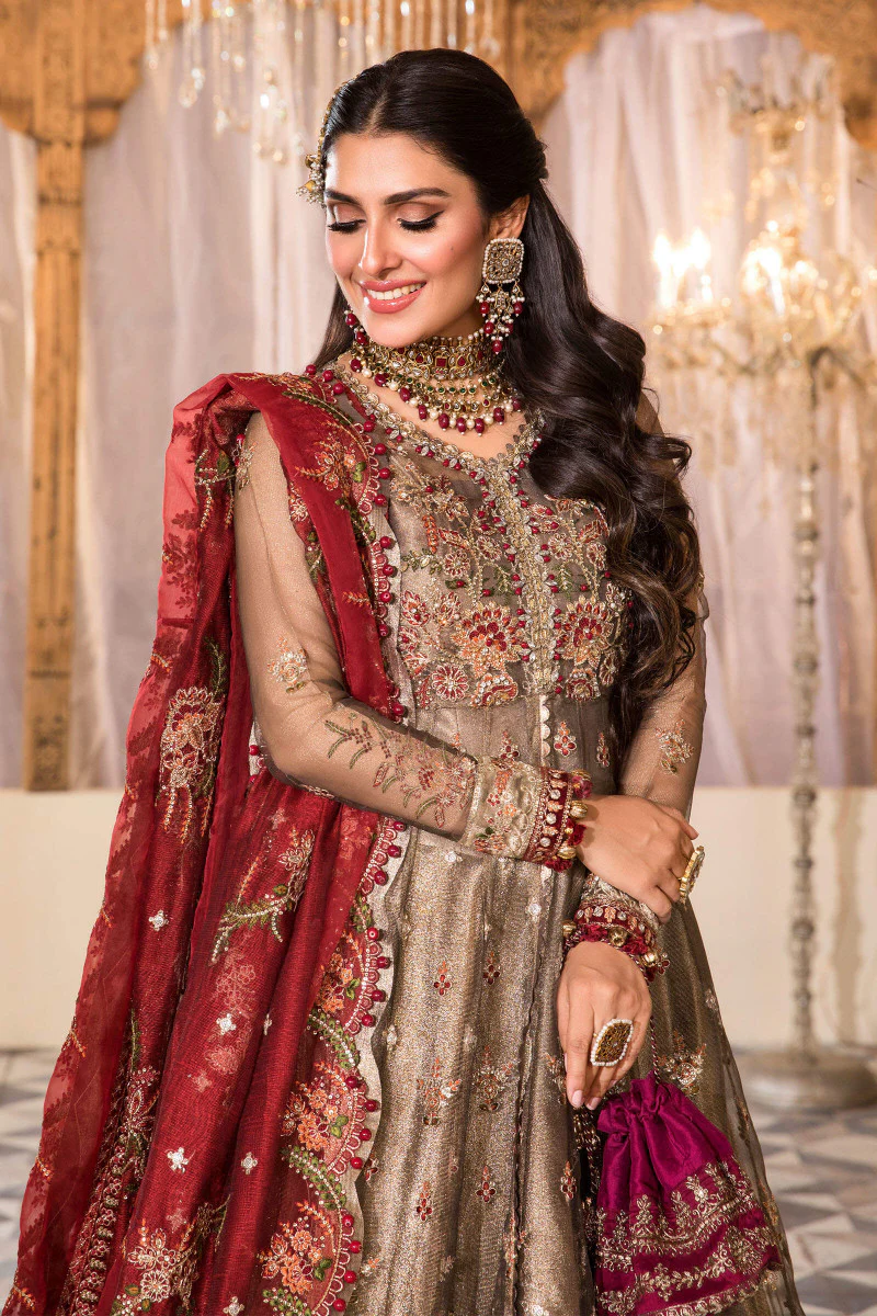 Unstitched MBROIDERED - Burnt Gold and Maroon (BD-2401) - Image 2