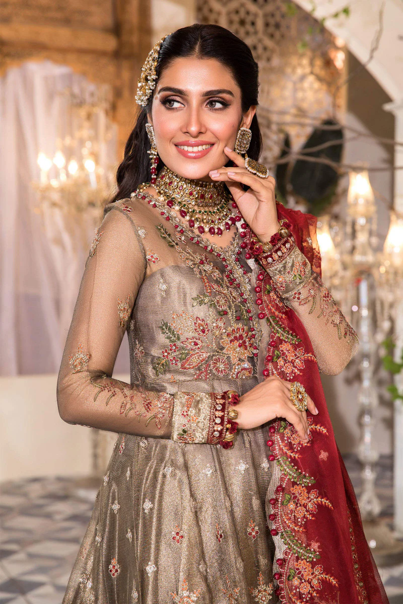 Unstitched MBROIDERED - Burnt Gold and Maroon (BD-2401) - Image 3