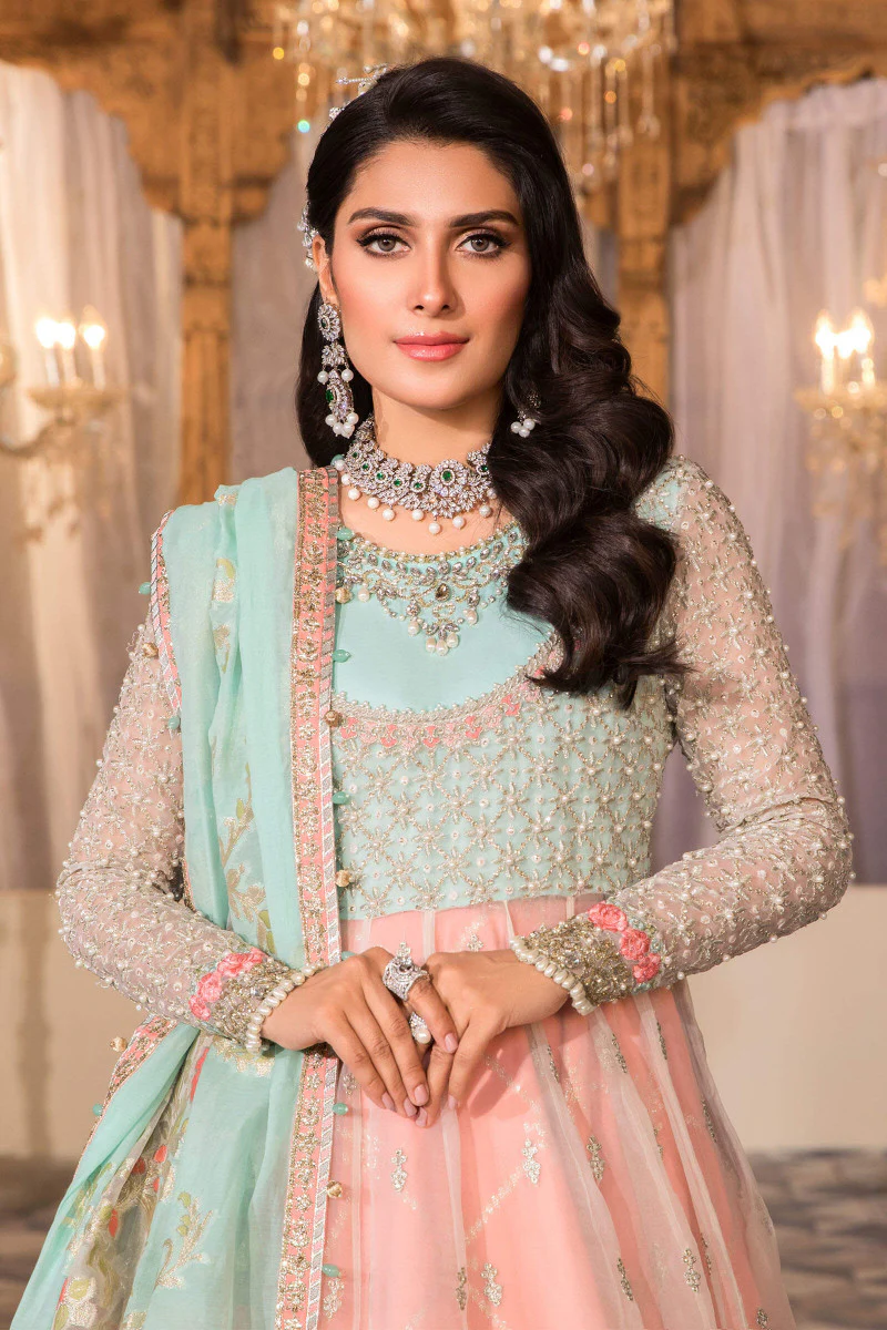Unstitched MBROIDERED - Pearl White, Peach and Aqua (BD-2408) - Image 2