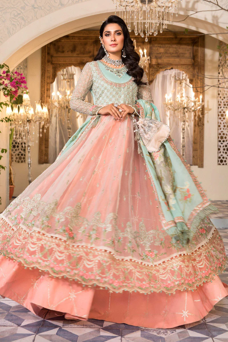Unstitched MBROIDERED - Pearl White, Peach and Aqua (BD-2408) - Image 3