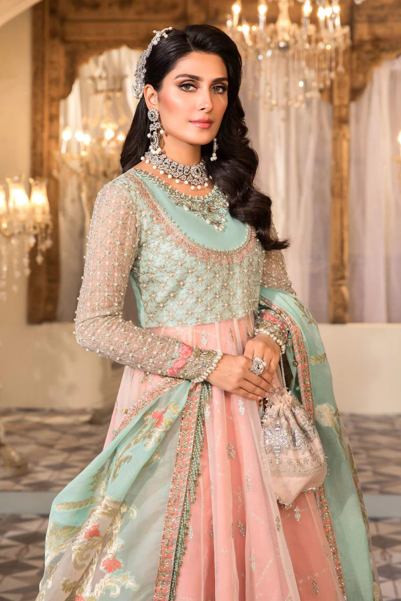 Unstitched MBROIDERED - Pearl White, Peach and Aqua (BD-2408) - Image 4