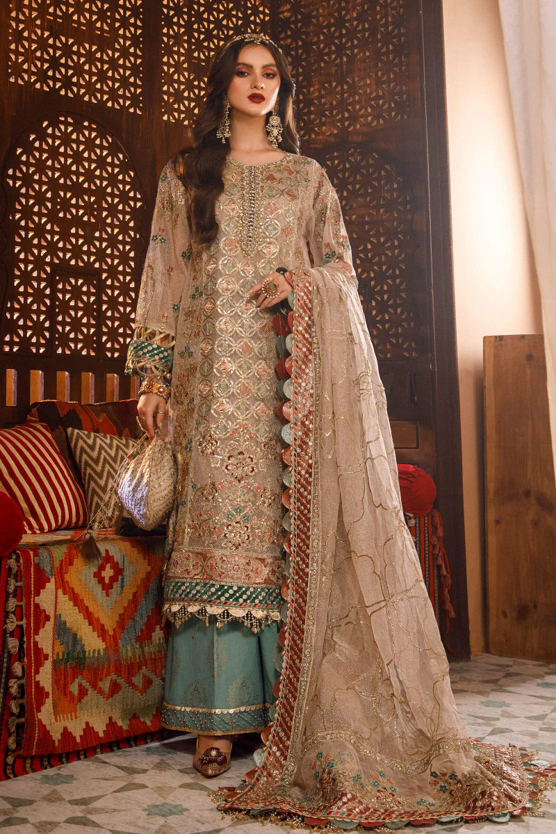 Unstitched MBROIDERED - Off White with Sea Green (BD-2507) - Image 2