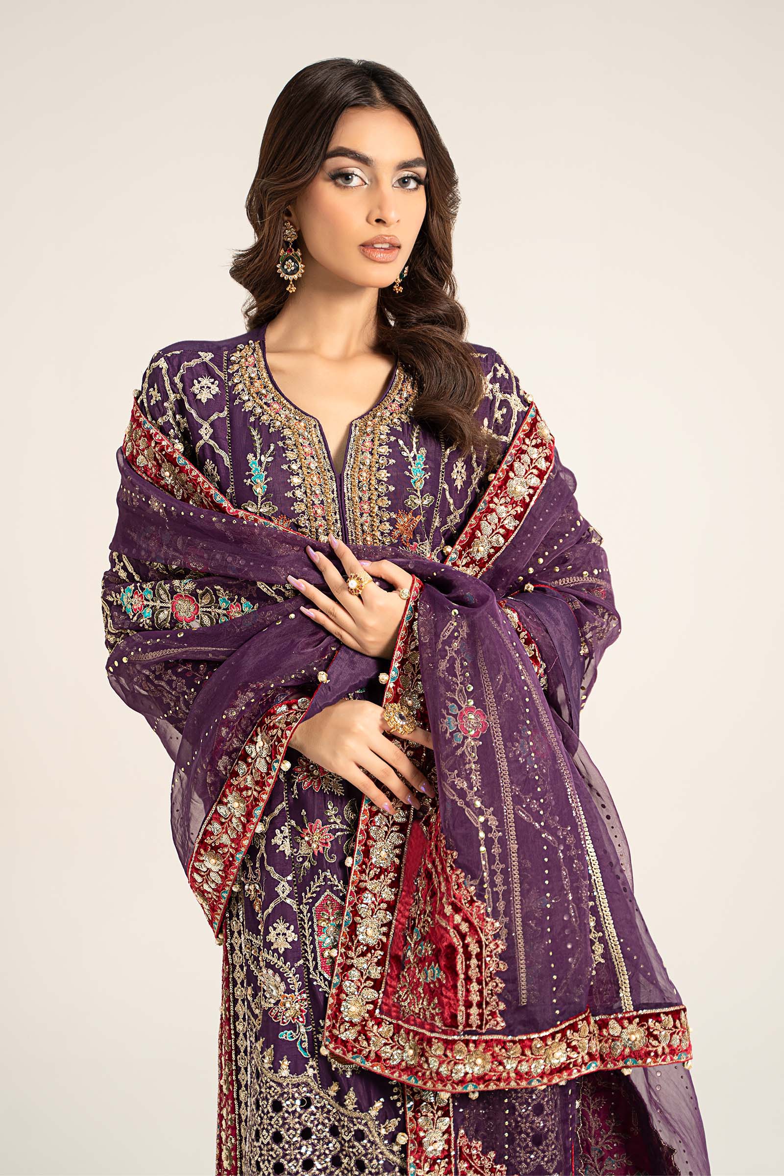3 Piece Embroidered Raw Silk Suit | BDS-2903 - Image 2