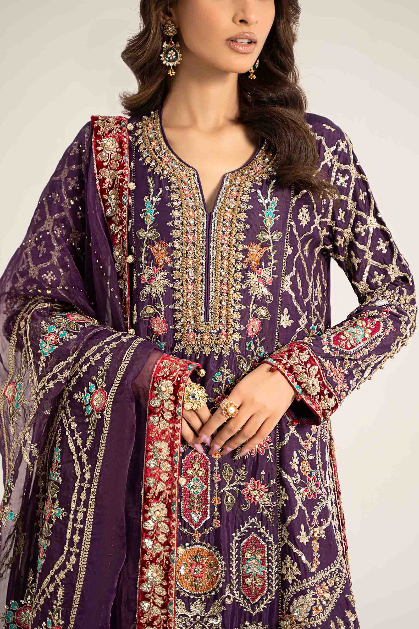 3 Piece Embroidered Raw Silk Suit | BDS-2903 - Image 3