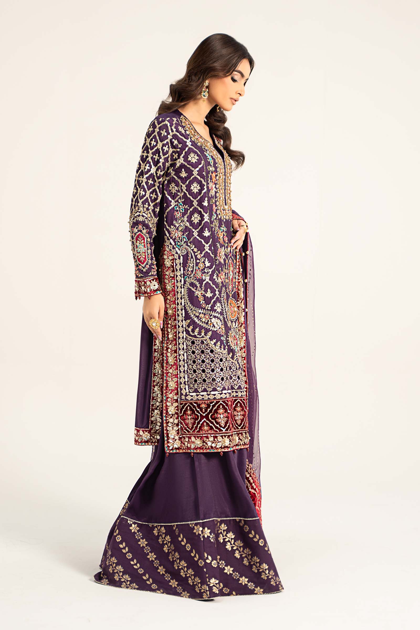 3 Piece Embroidered Raw Silk Suit | BDS-2903 - Image 4