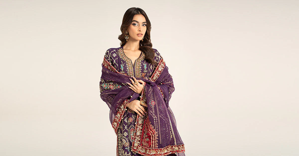 3 Piece Embroidered Raw Silk Suit | BDS-2903 - Image 7