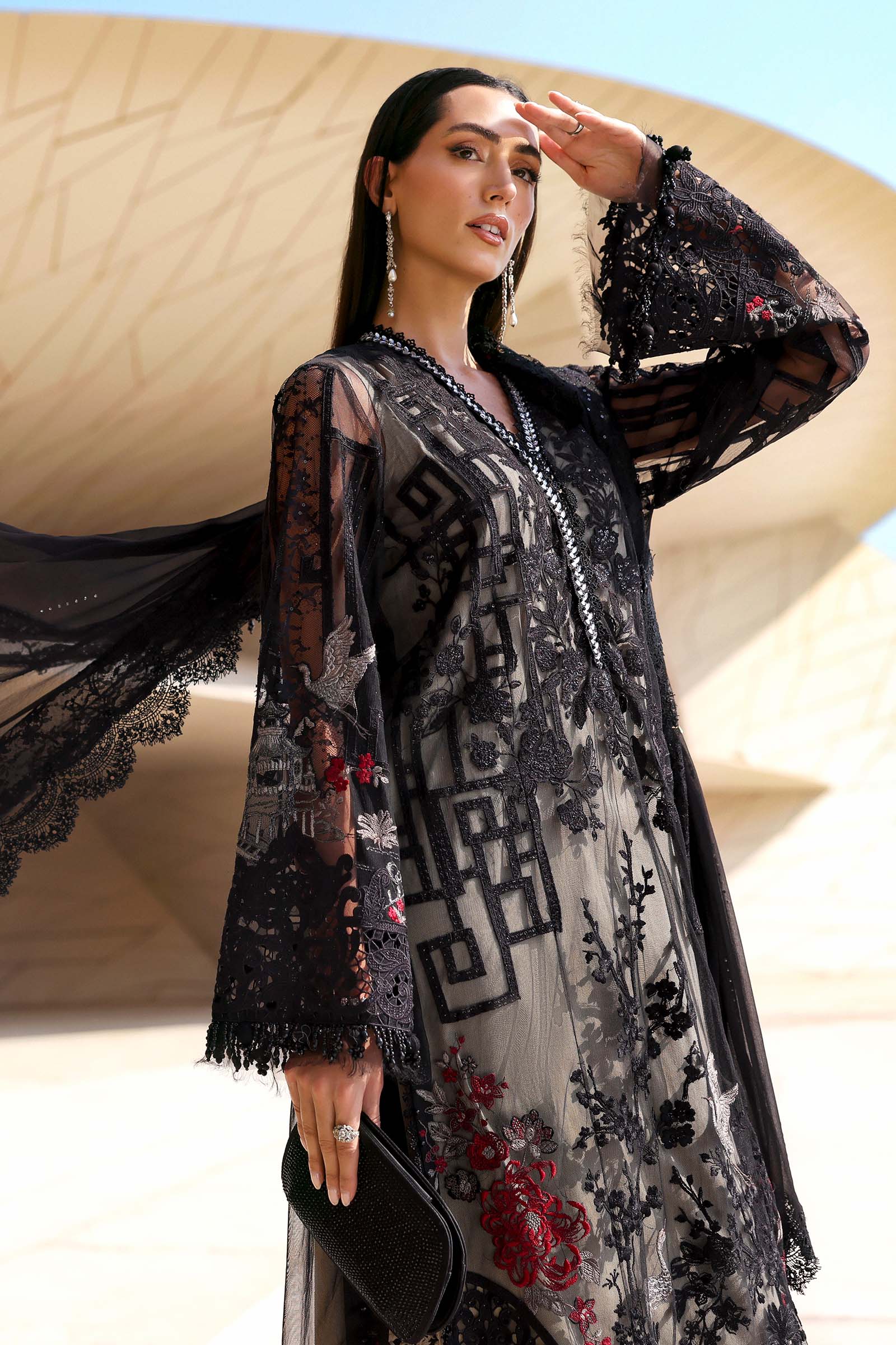 3 Piece Unstitched Embroidered Net Suit - Image 2