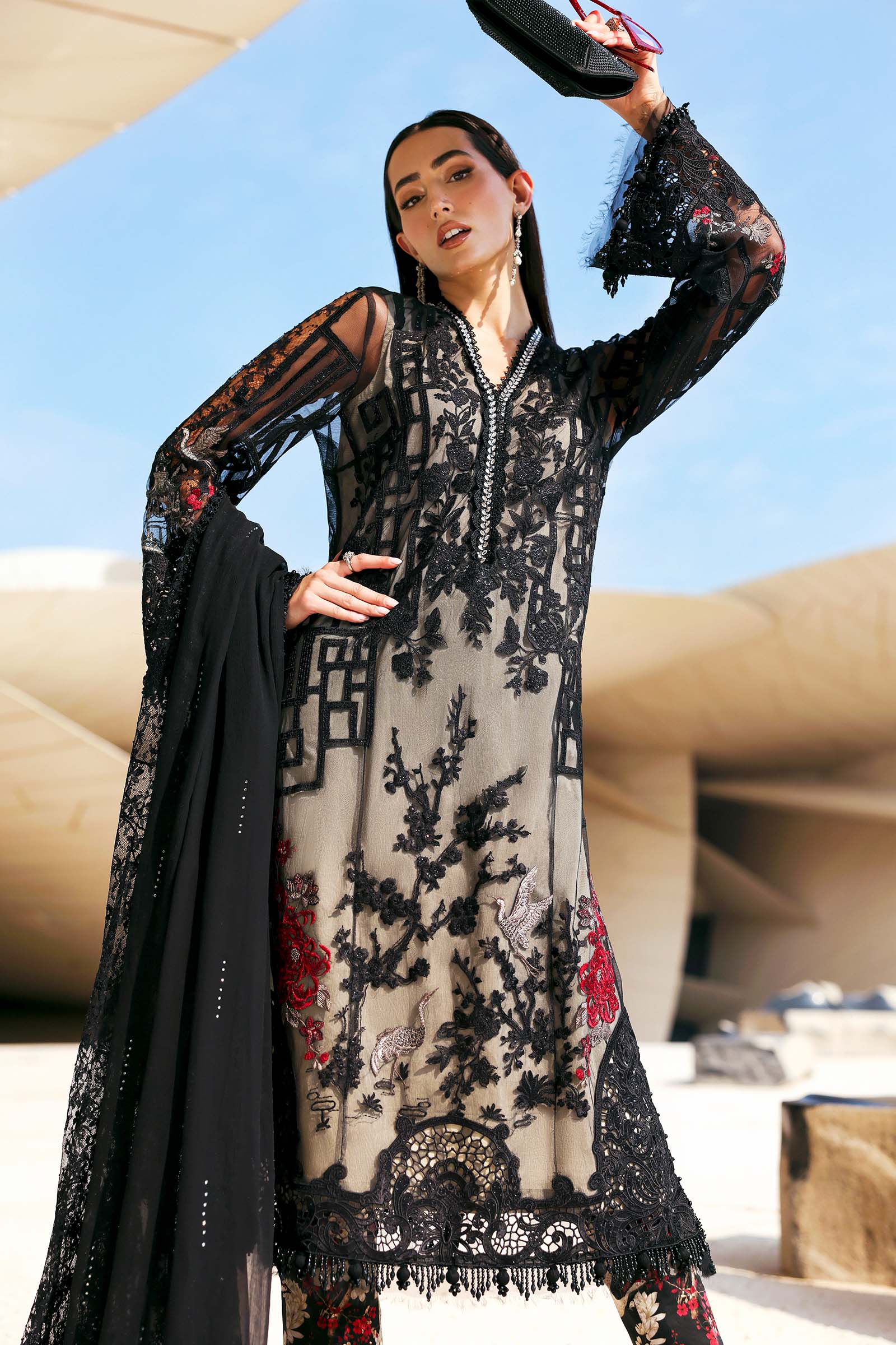 3 Piece Unstitched Embroidered Net Suit - Image 3