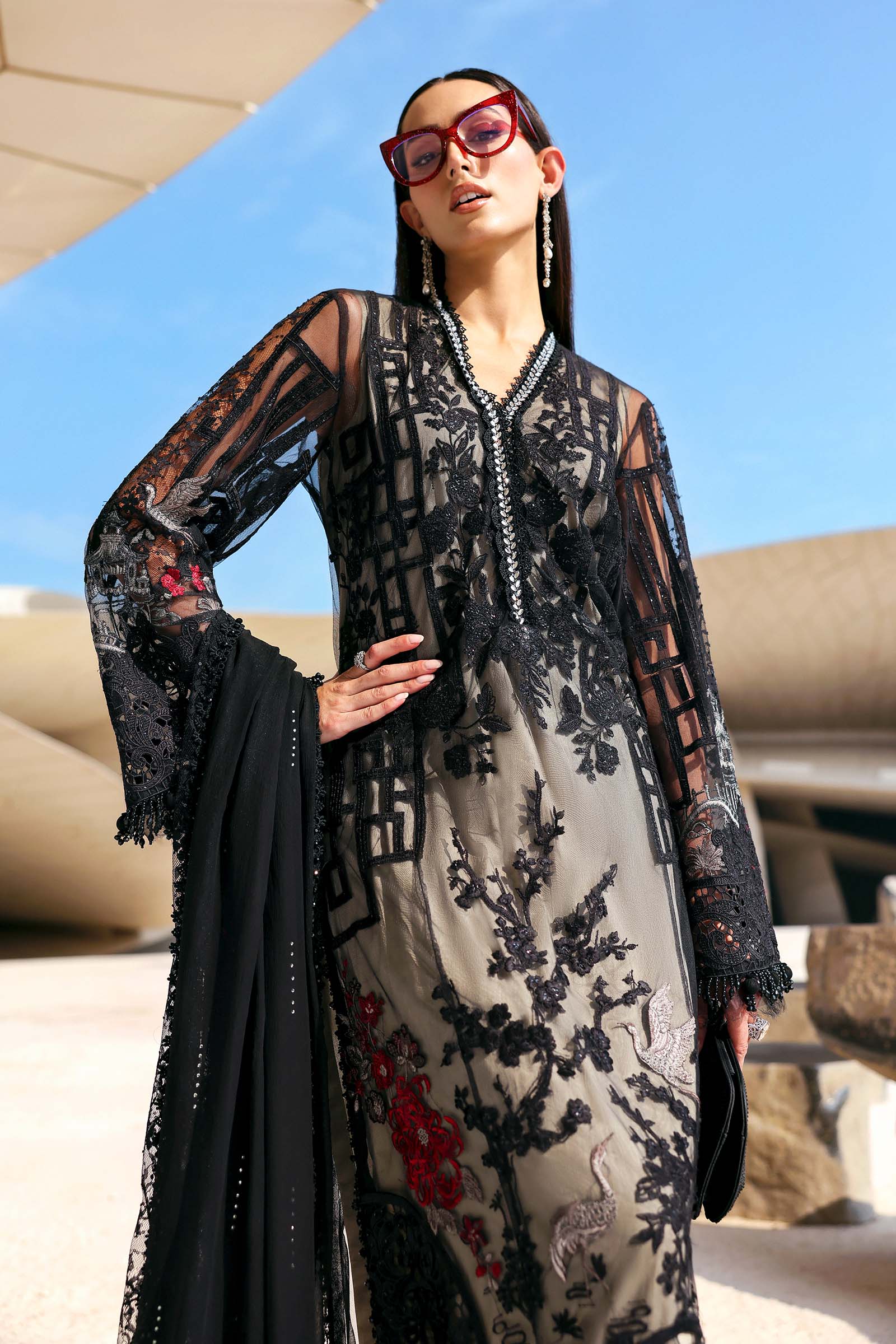 3 Piece Unstitched Embroidered Net Suit - Image 5