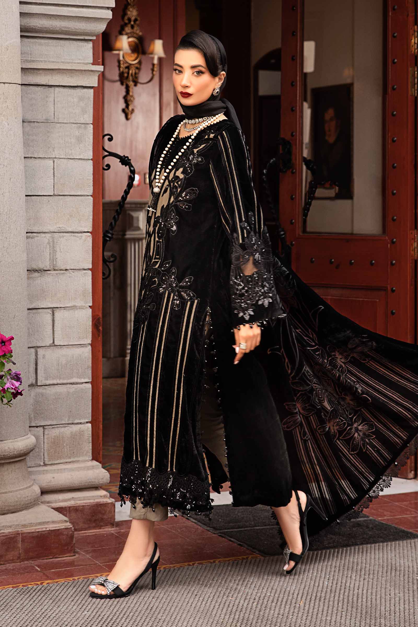 3 Piece Unstitched Embroidered Velvet Suit | DL-1205 - Image 4