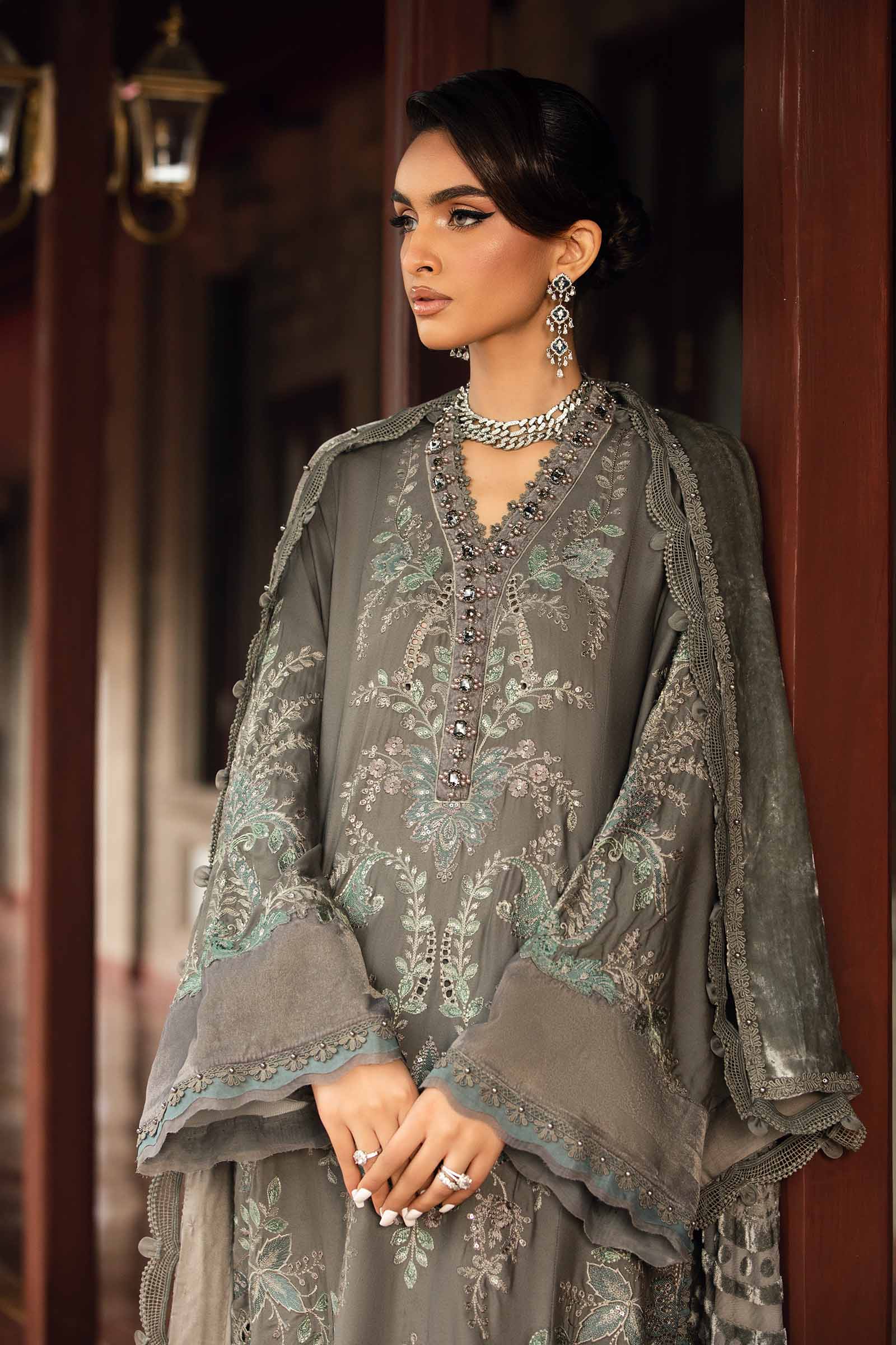 3 Piece Unstitched Embroidered Velvet Suit | DL-1209 - Image 2