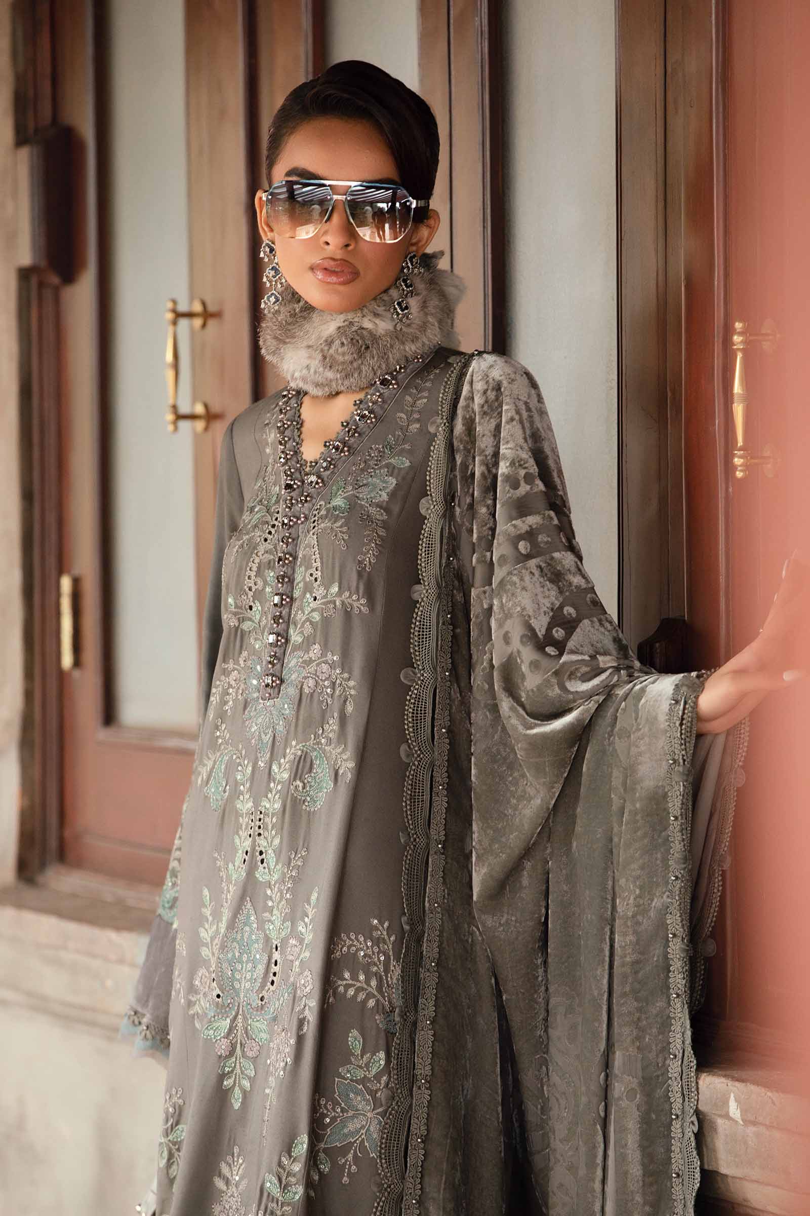 3 Piece Unstitched Embroidered Velvet Suit | DL-1209 - Image 3