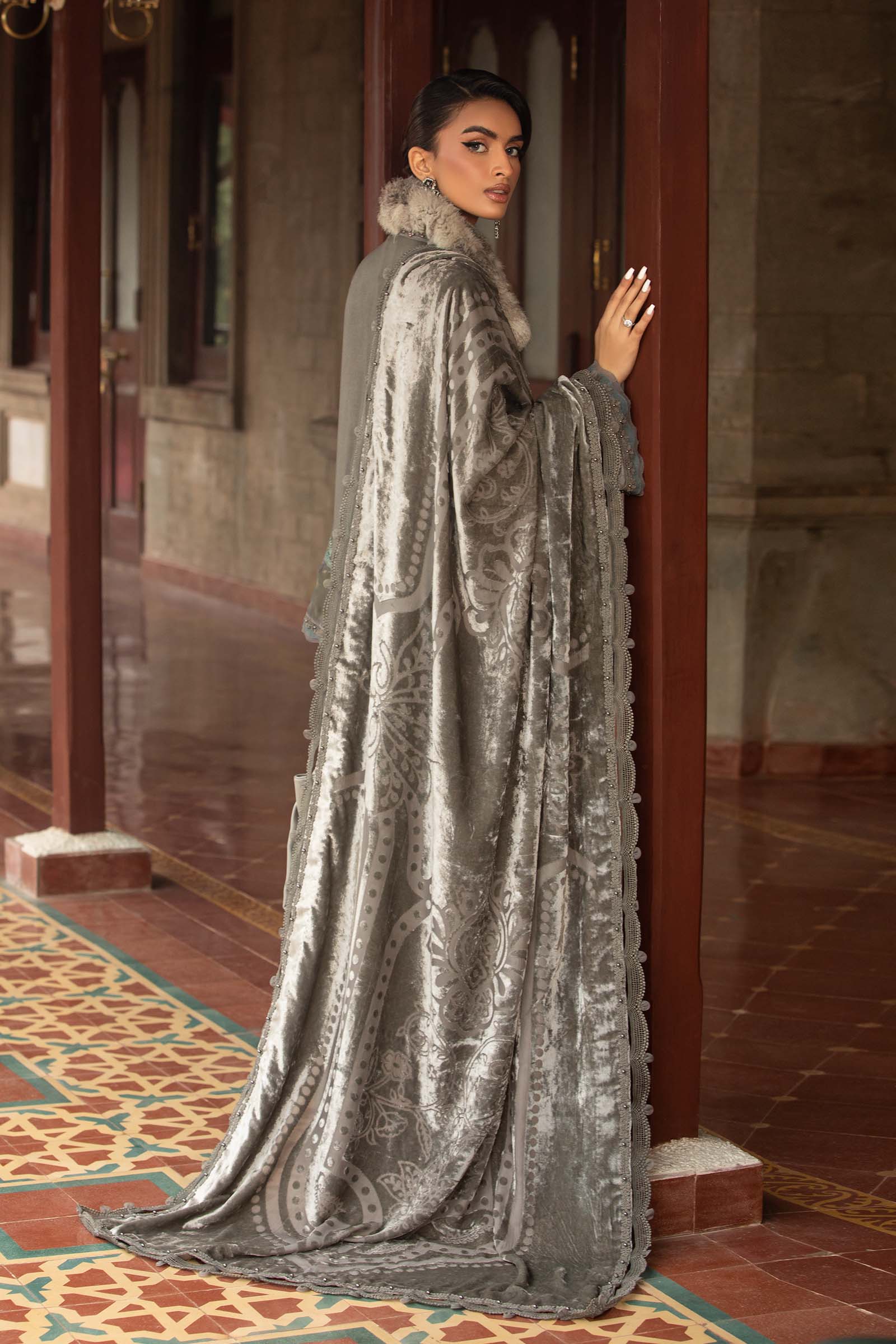 3 Piece Unstitched Embroidered Velvet Suit | DL-1209 - Image 7
