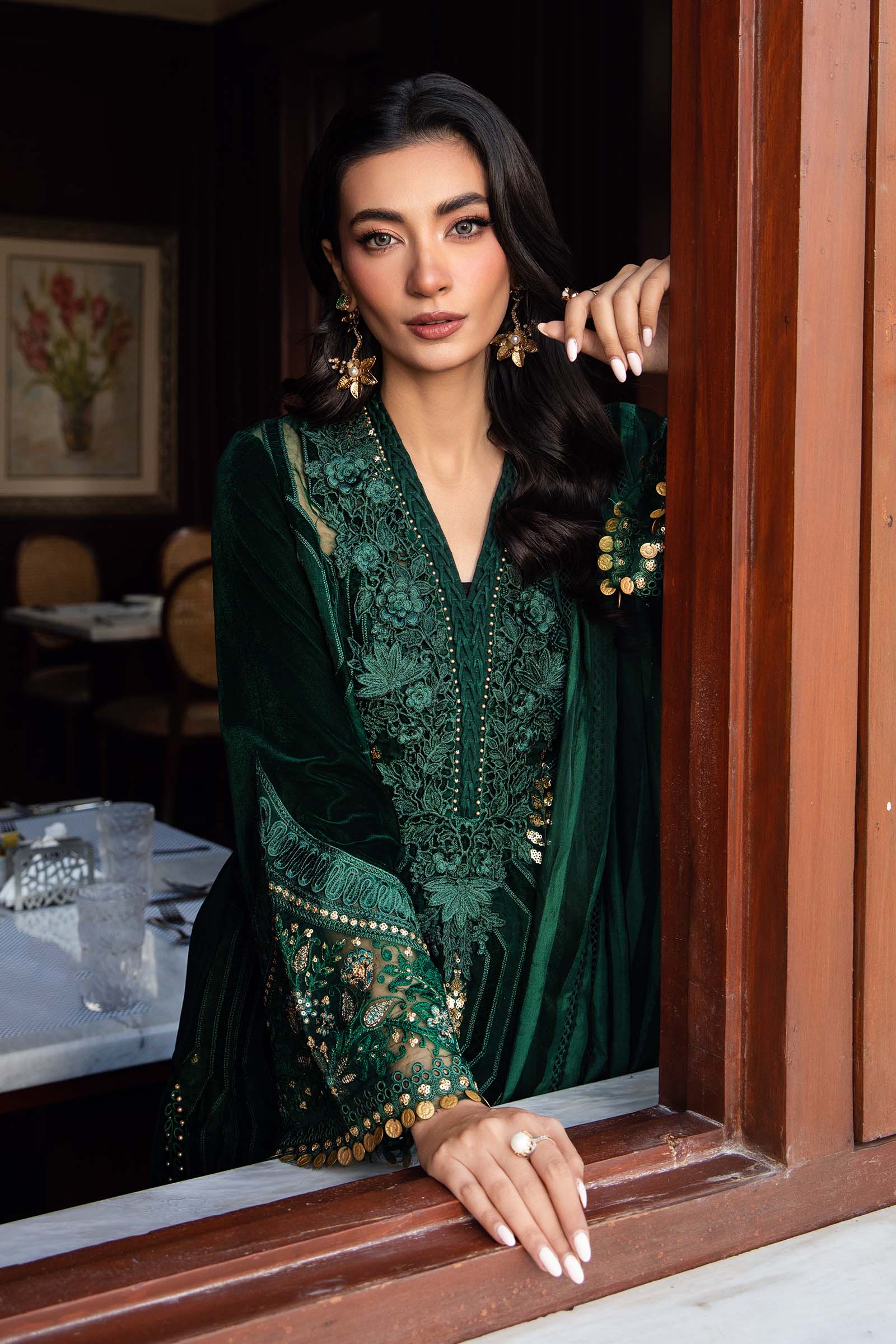 3 Piece Unstitched Embroidered Velvet Suit | DL-1212 - Image 3