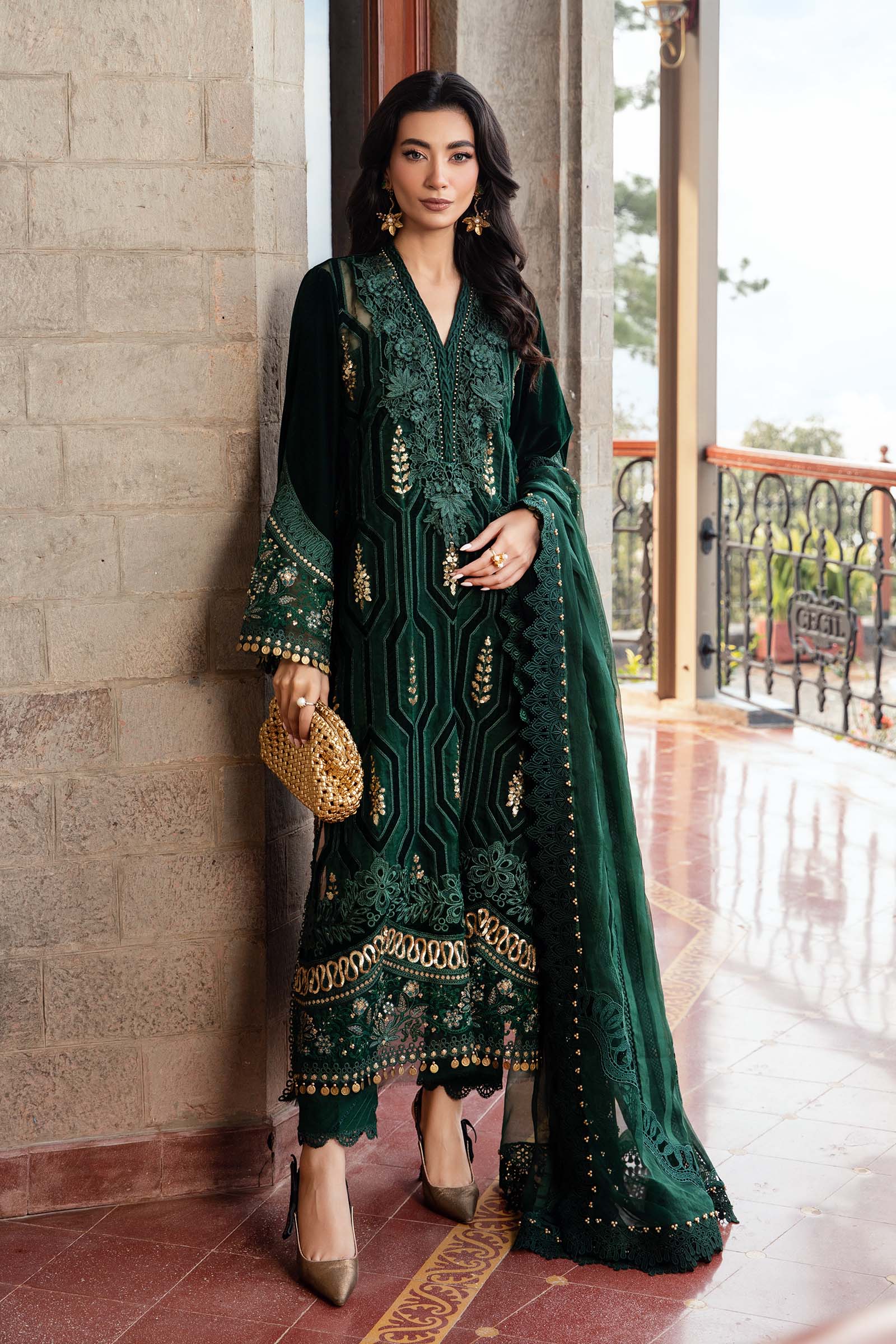3 Piece Unstitched Embroidered Velvet Suit | DL-1212 - Image 4