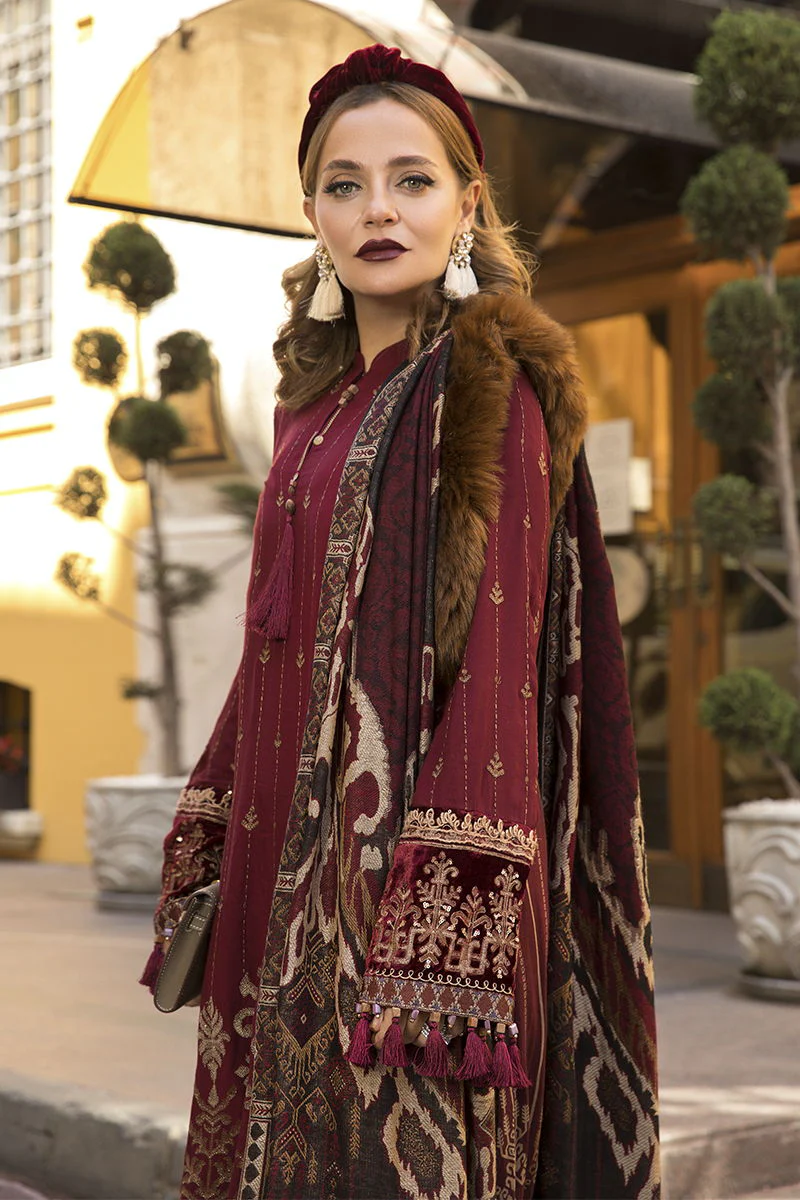 Unstitched Linen DL-807-Maroon and Beige - Image 2