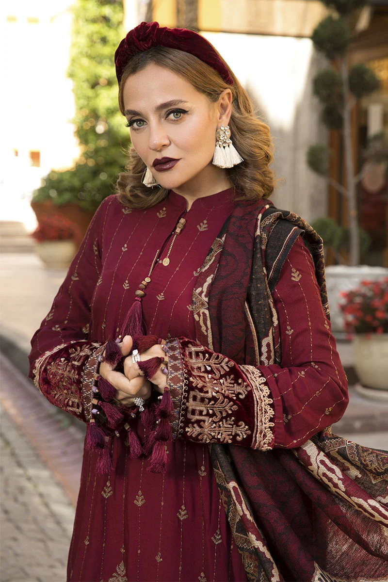 Unstitched Linen DL-807-Maroon and Beige - Image 3