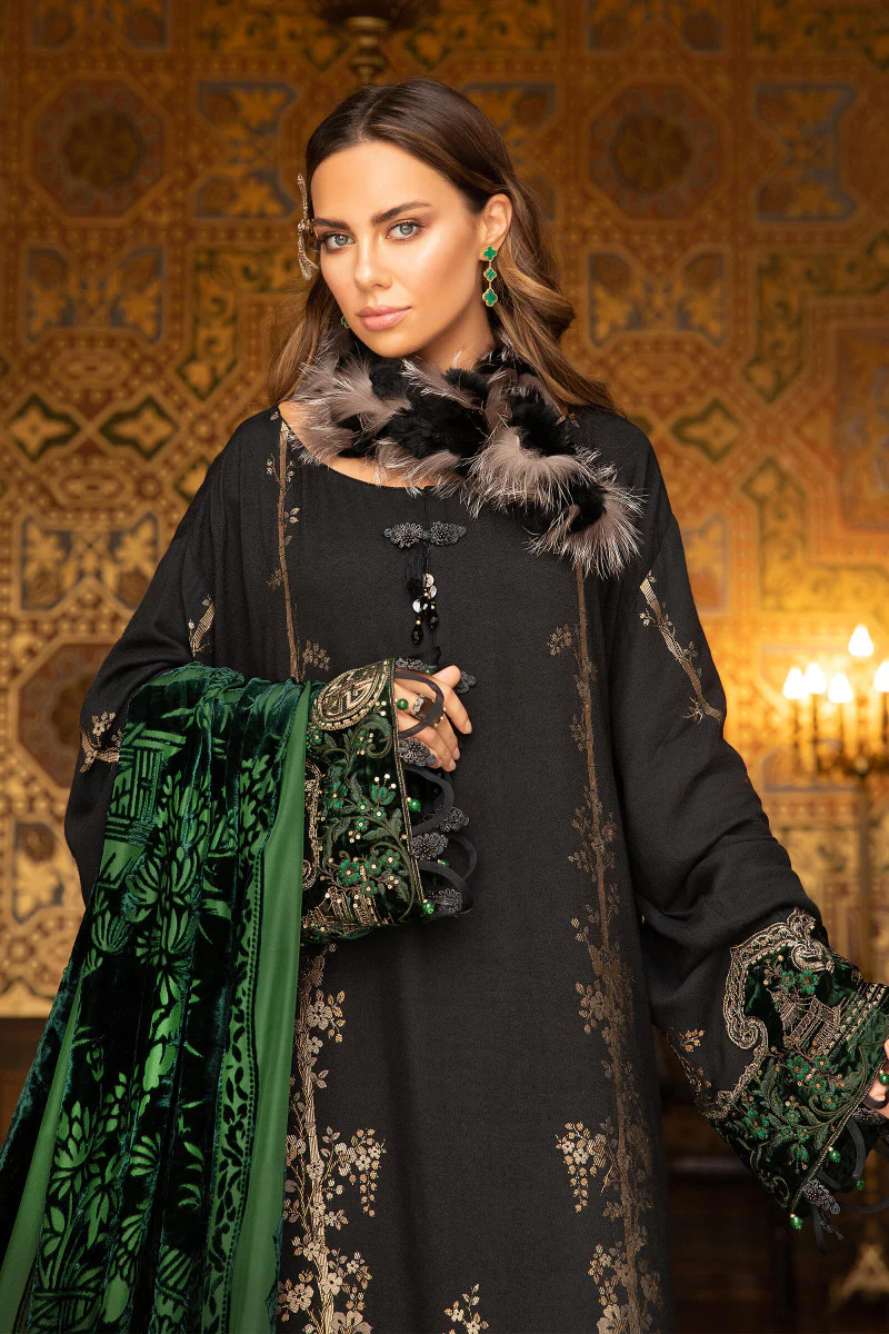 Unstitched Linen DL-907-Black and Emerald Green - Image 2