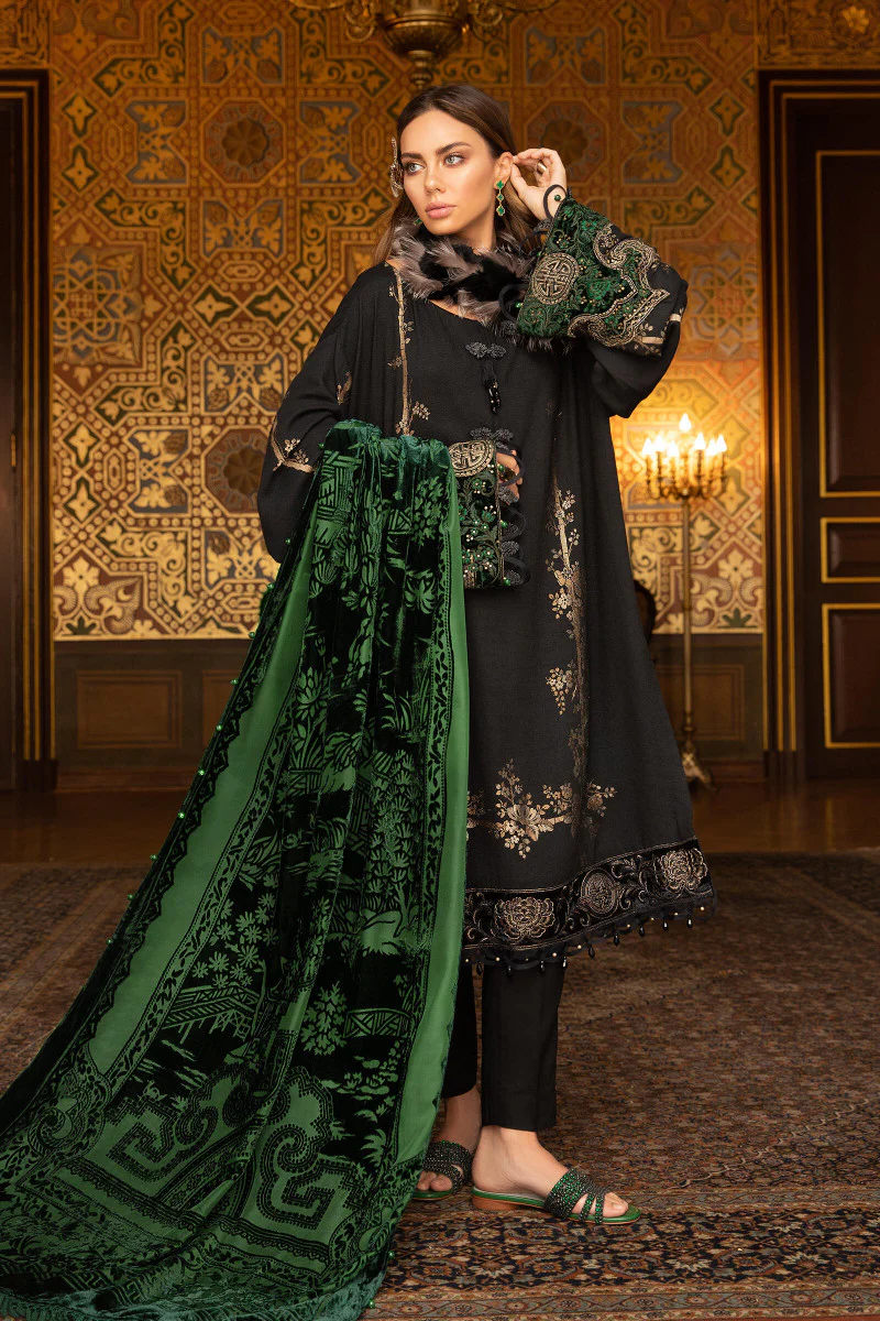 Unstitched Linen DL-907-Black and Emerald Green - Image 3