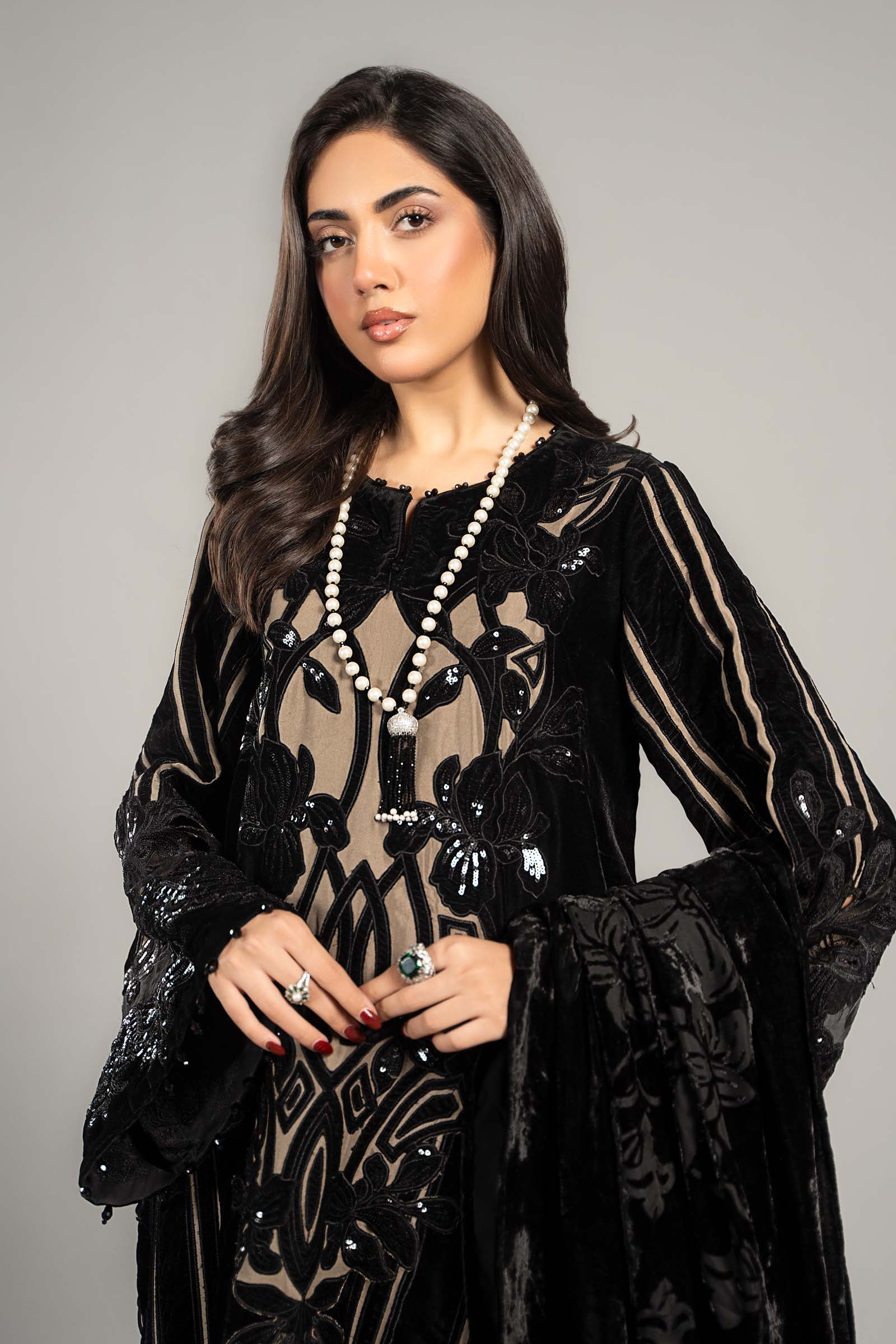 3 Piece Embroidered Velvet Suit | DLS-1205 - Image 2