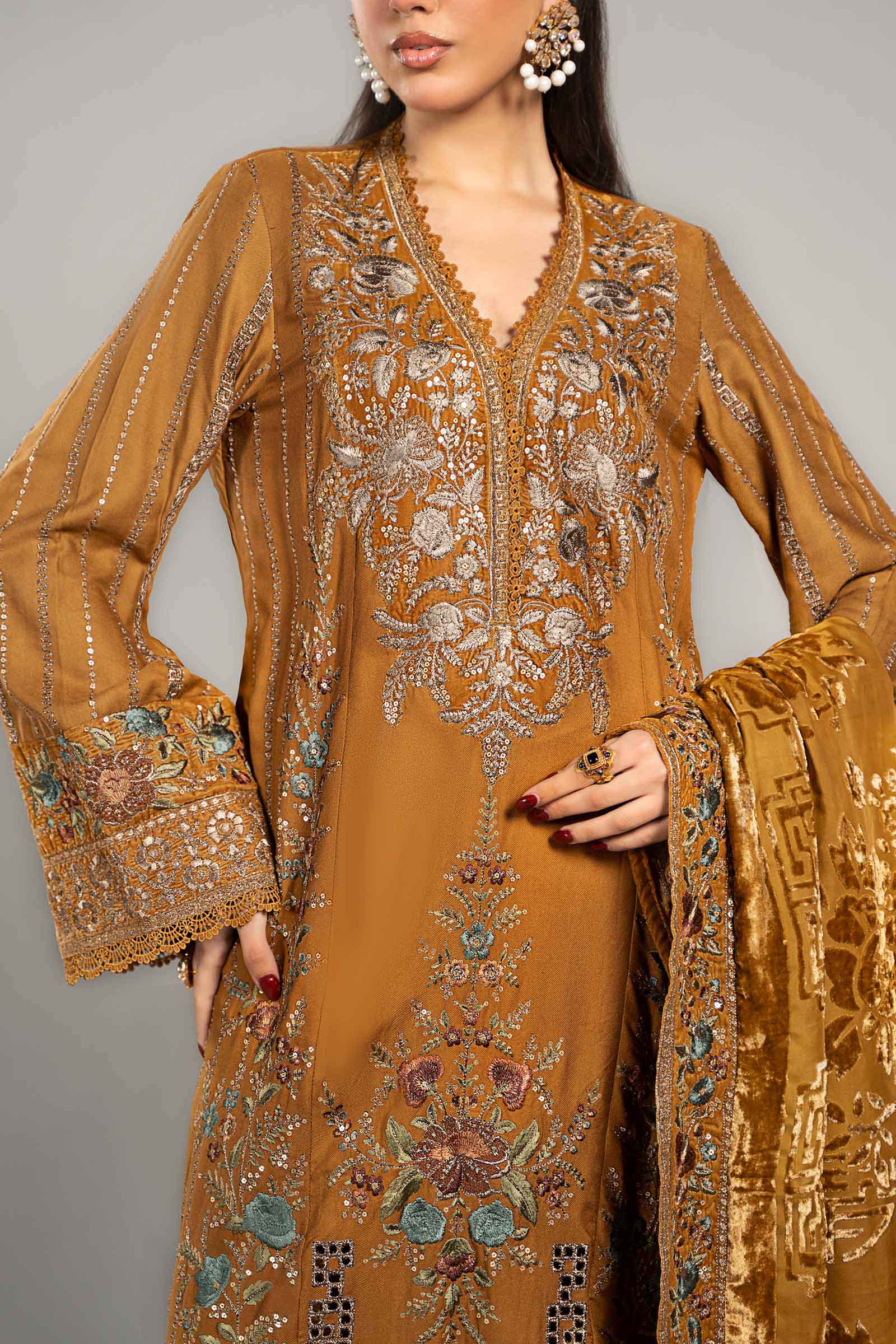 3 Piece Embroidered Twill Linen Suit | DLS-1207 - Image 4