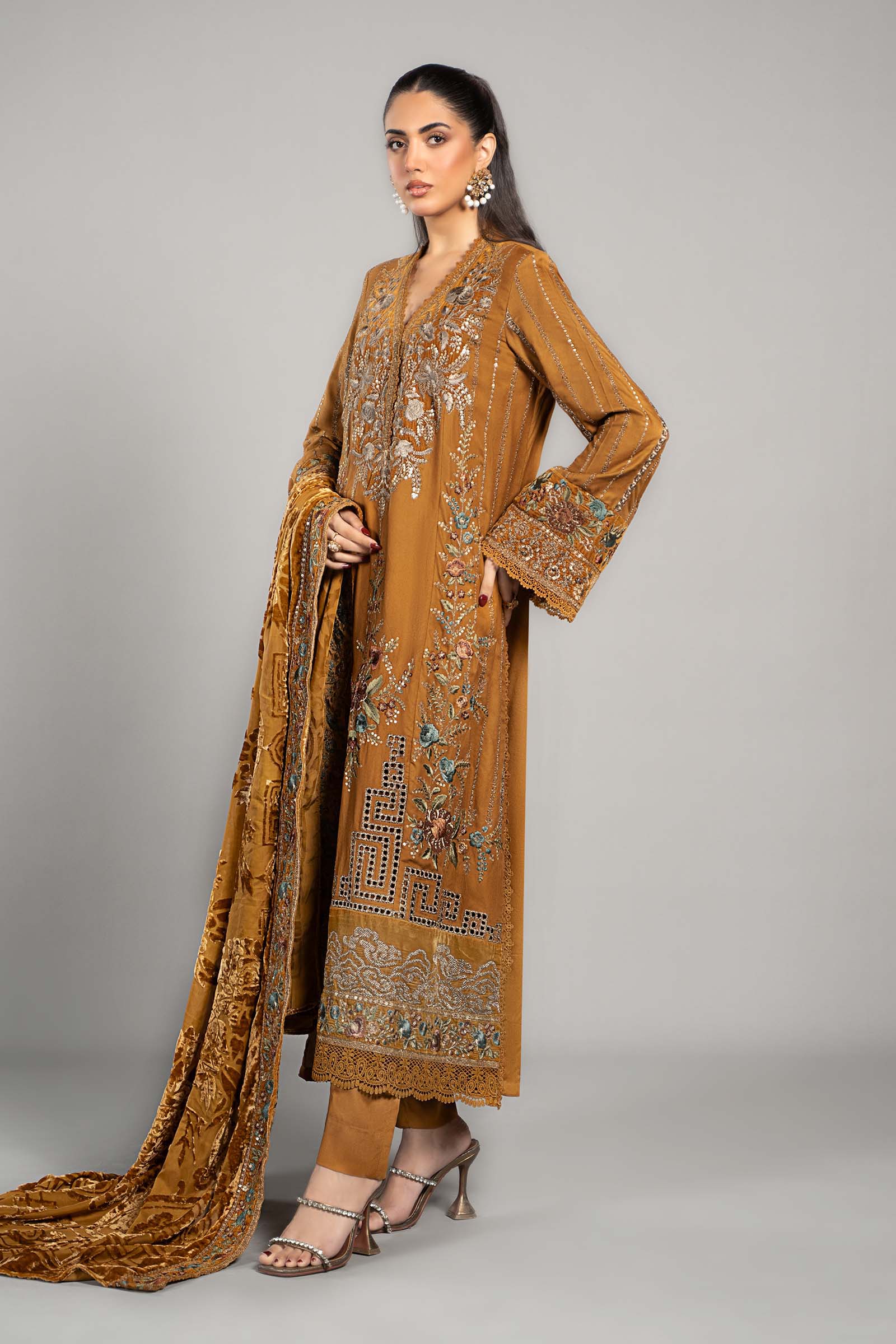 3 Piece Embroidered Twill Linen Suit | DLS-1207 - Image 5