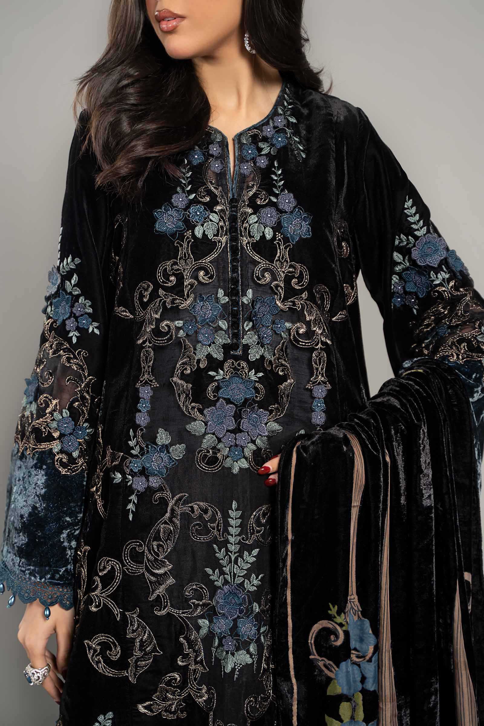 3 Piece Embroidered Velvet Suit | DLS-1208 - Image 4