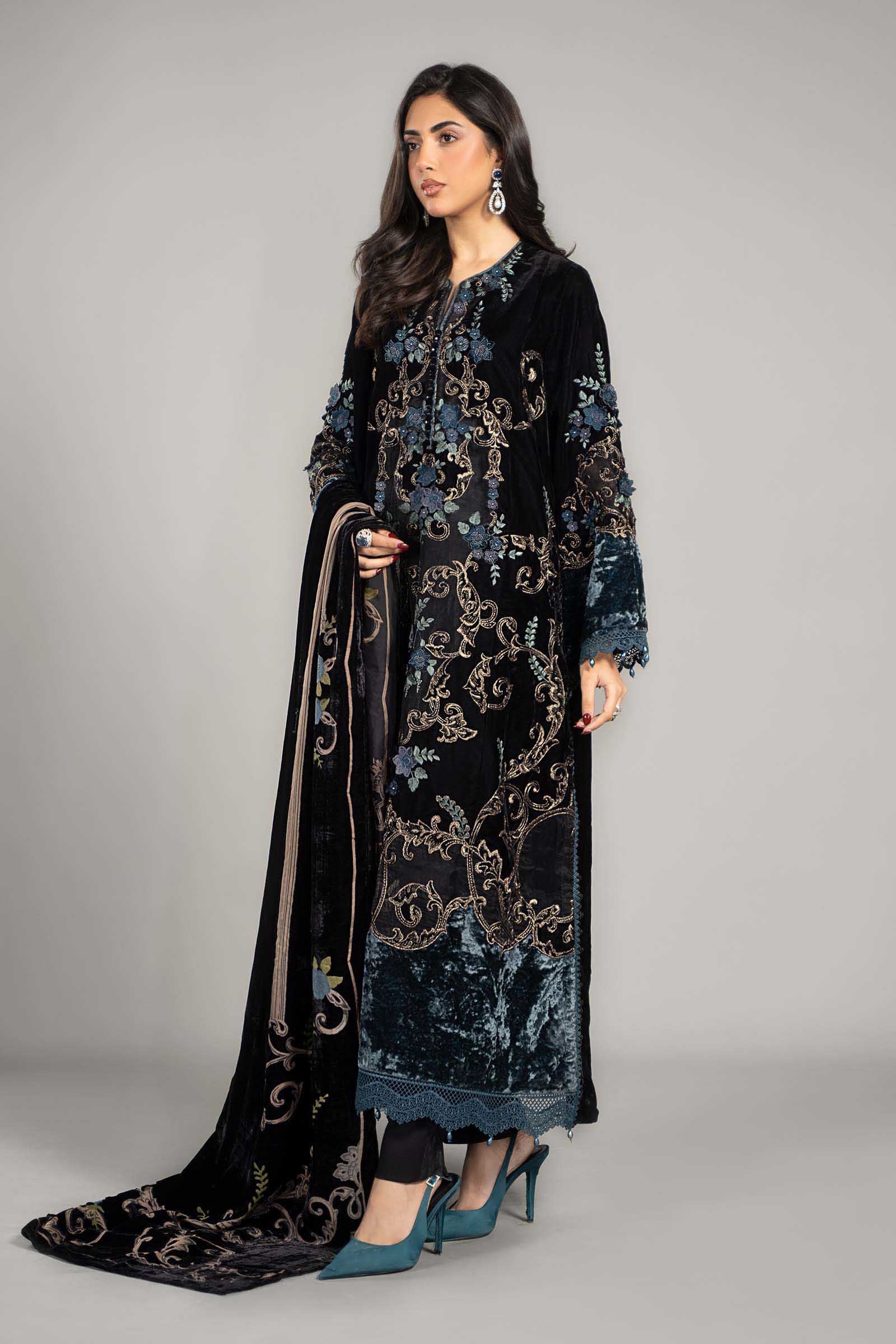 3 Piece Embroidered Velvet Suit | DLS-1208 - Image 7