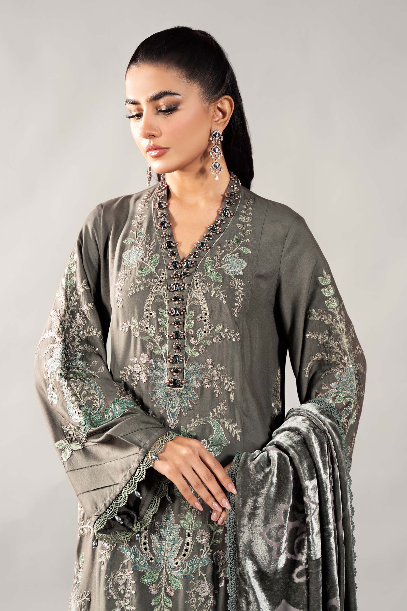 3 Piece Embroidered Linen Suit | DLS-1209 - Image 2