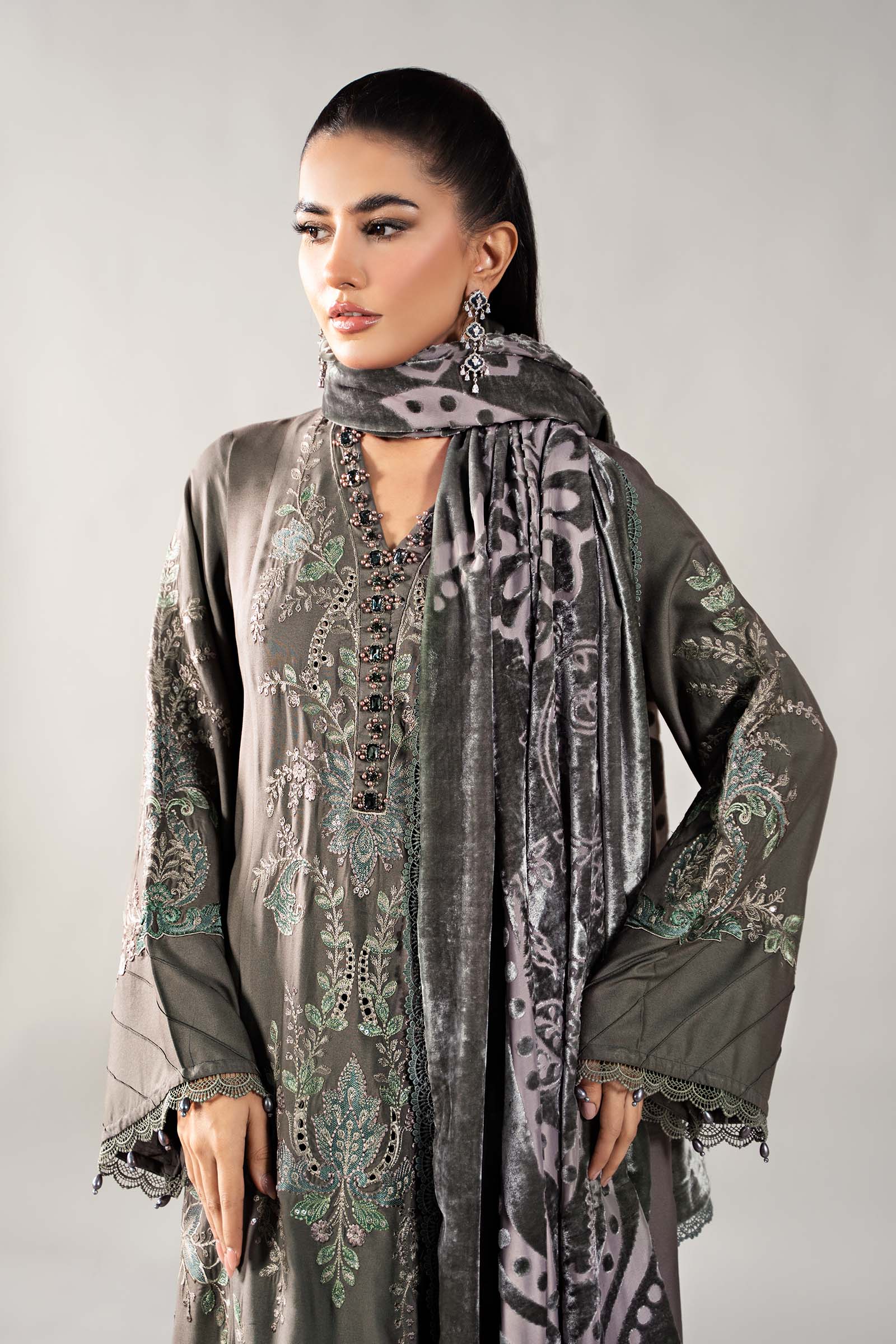 3 Piece Embroidered Linen Suit | DLS-1209 - Image 3