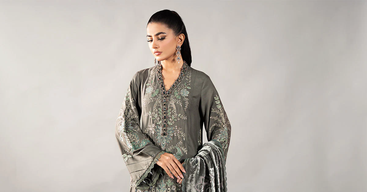 3 Piece Embroidered Linen Suit | DLS-1209 - Image 7