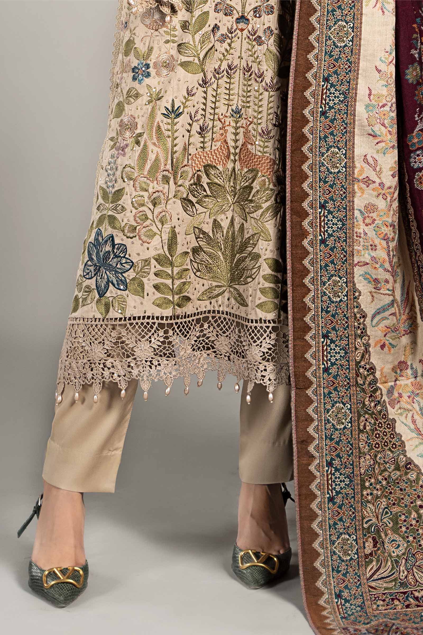 3 Piece Embroidered Linen Suit | DLS-1211 - Image 4