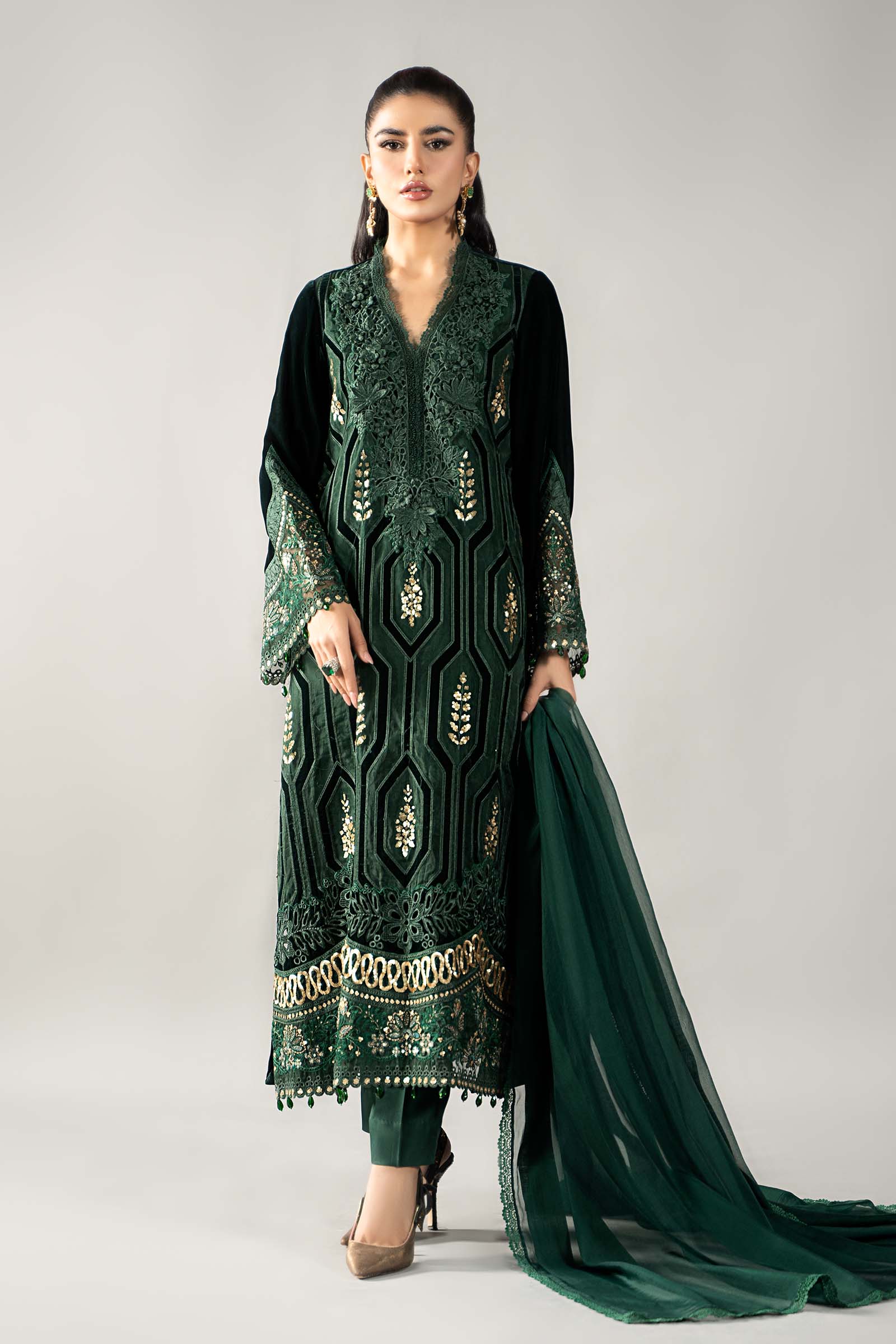 3 Piece Embroidered Velvet Suit | DLS-1212