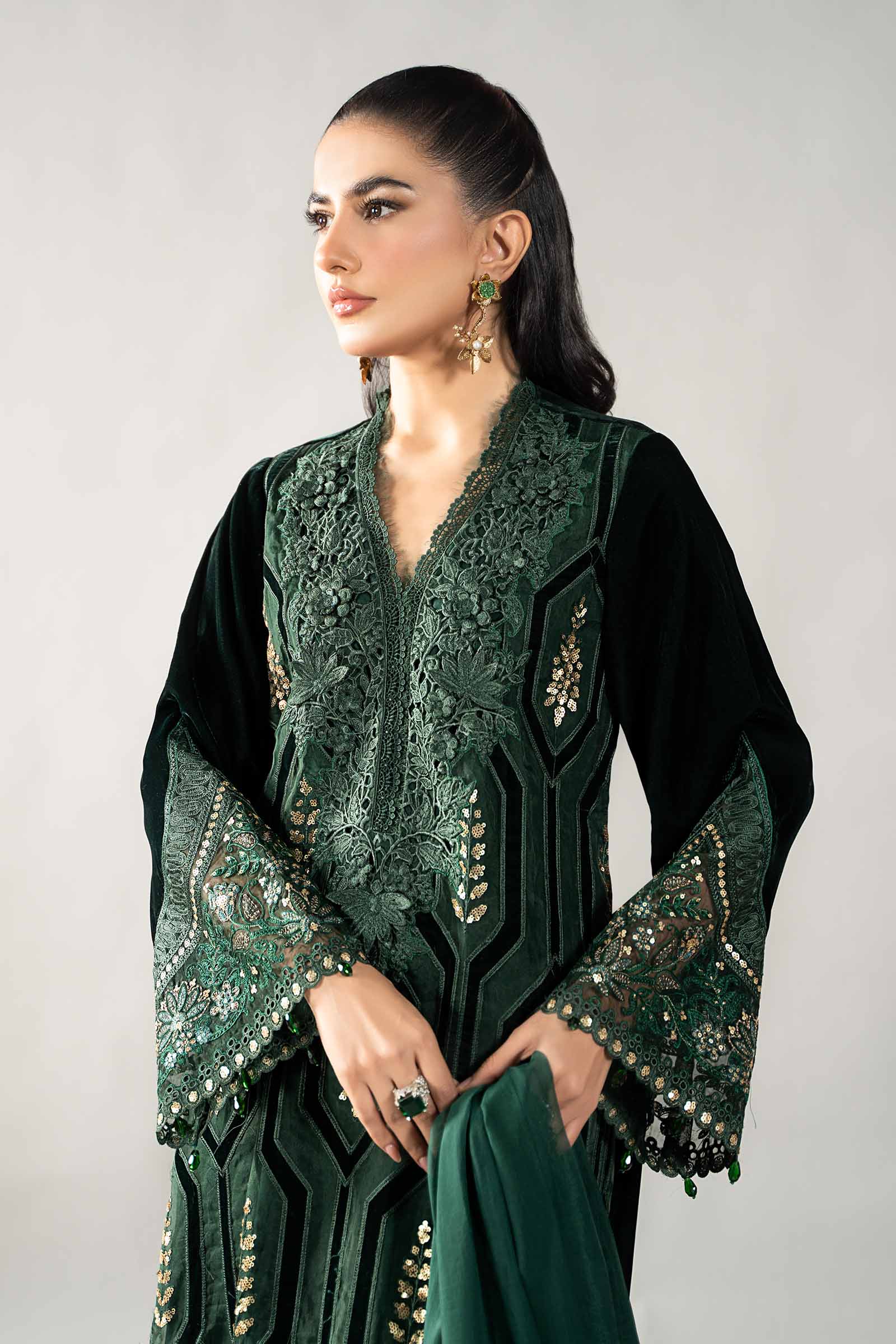 3 Piece Embroidered Velvet Suit | DLS-1212 - Image 2