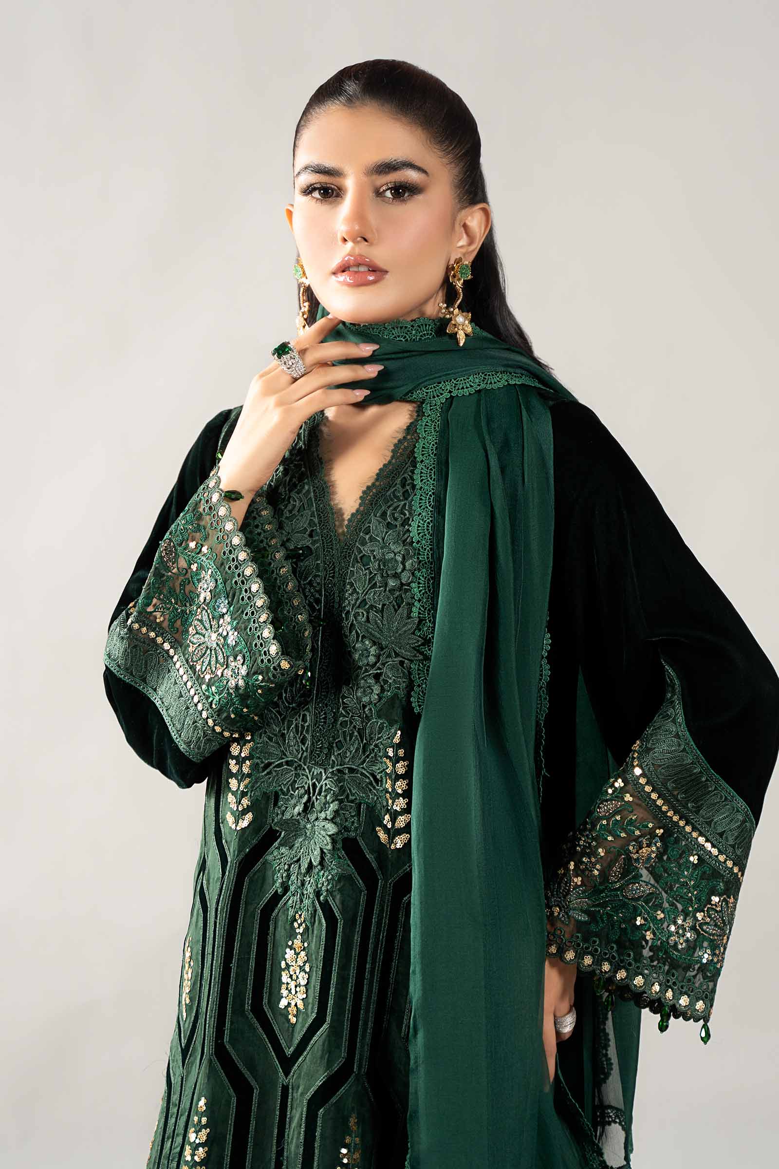 3 Piece Embroidered Velvet Suit | DLS-1212 - Image 3