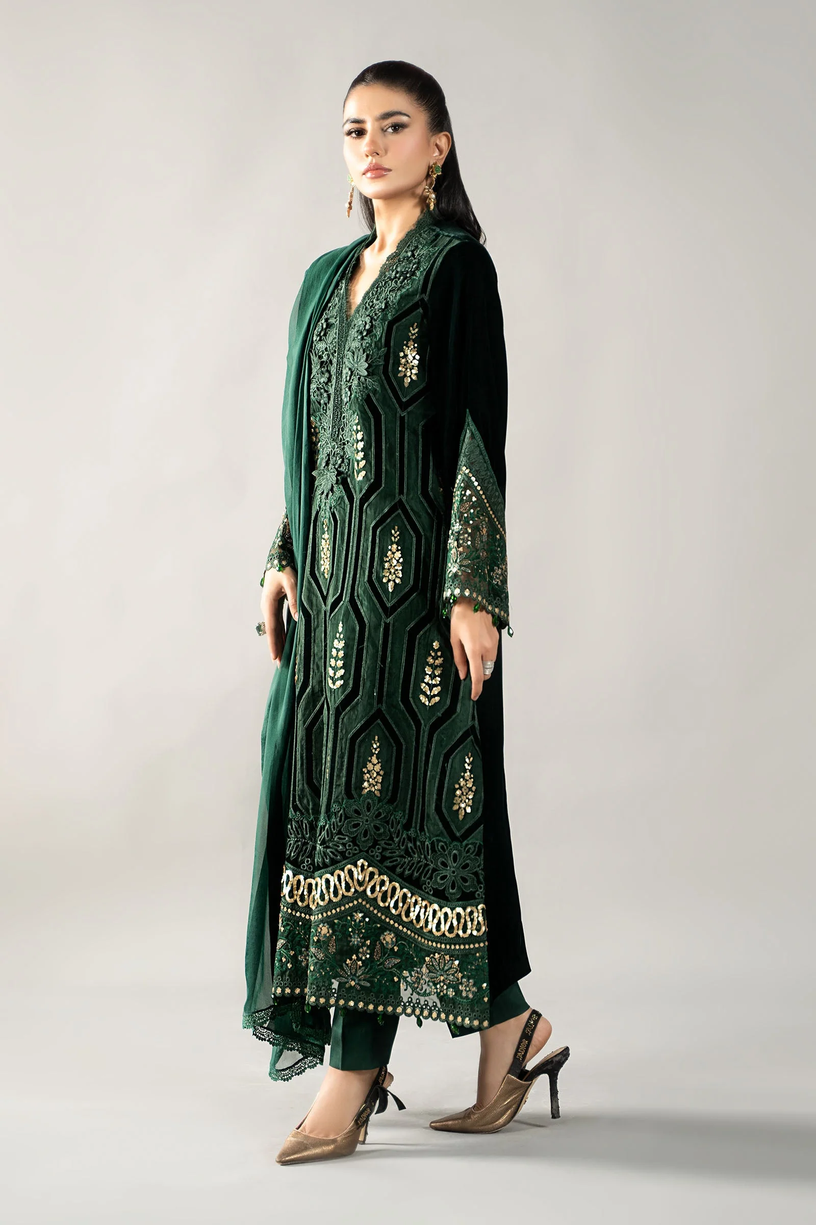 3 Piece Embroidered Velvet Suit | DLS-1212 - Image 6
