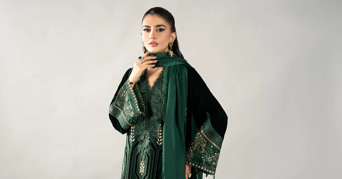 3 Piece Embroidered Velvet Suit | DLS-1212 - Image 8