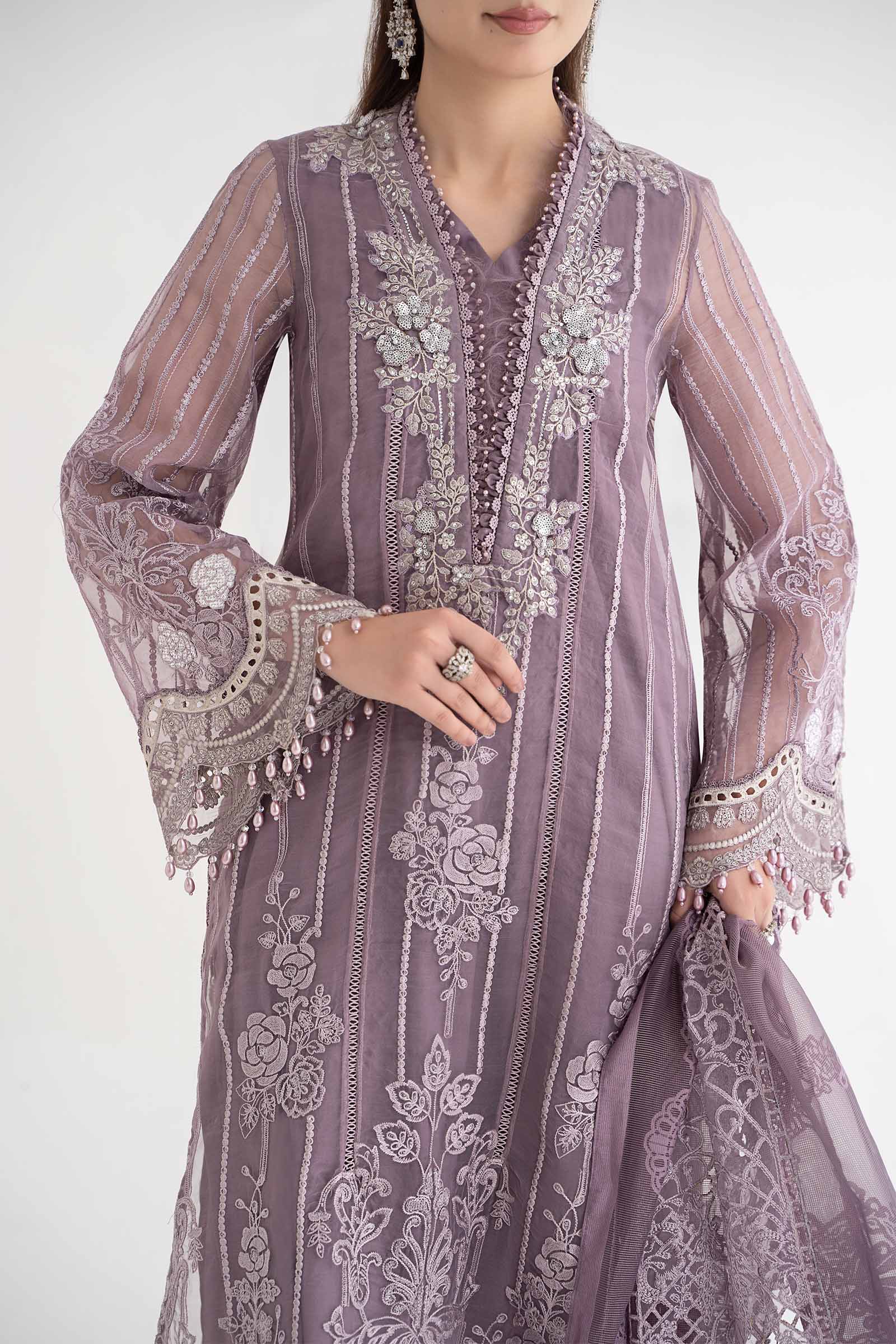 3 Piece Embroidered Organza Suit | DS-2401-A - Image 5