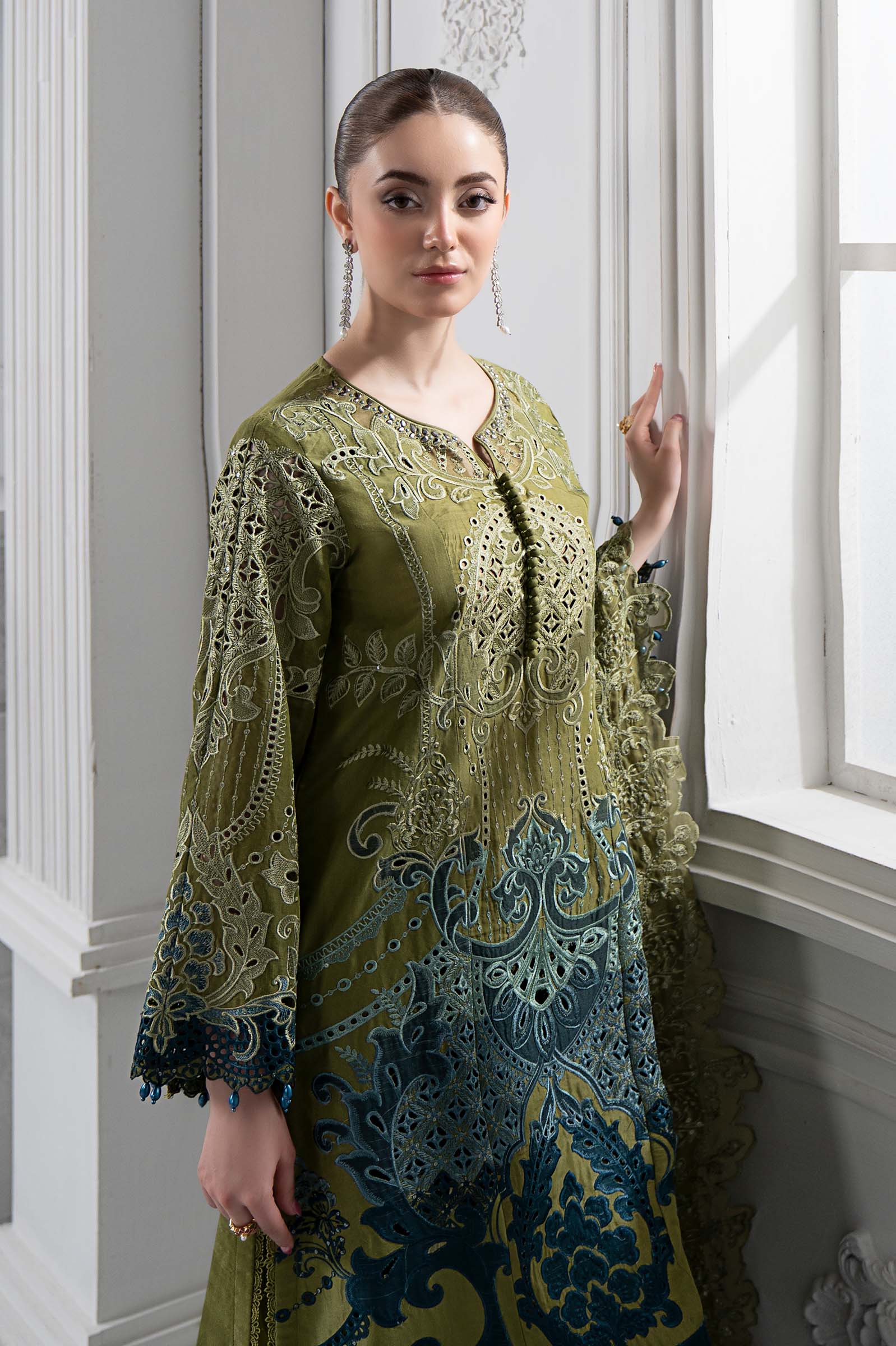 3 Piece Embroidered Paper Cotton Suit | DS-2501-A - Image 2