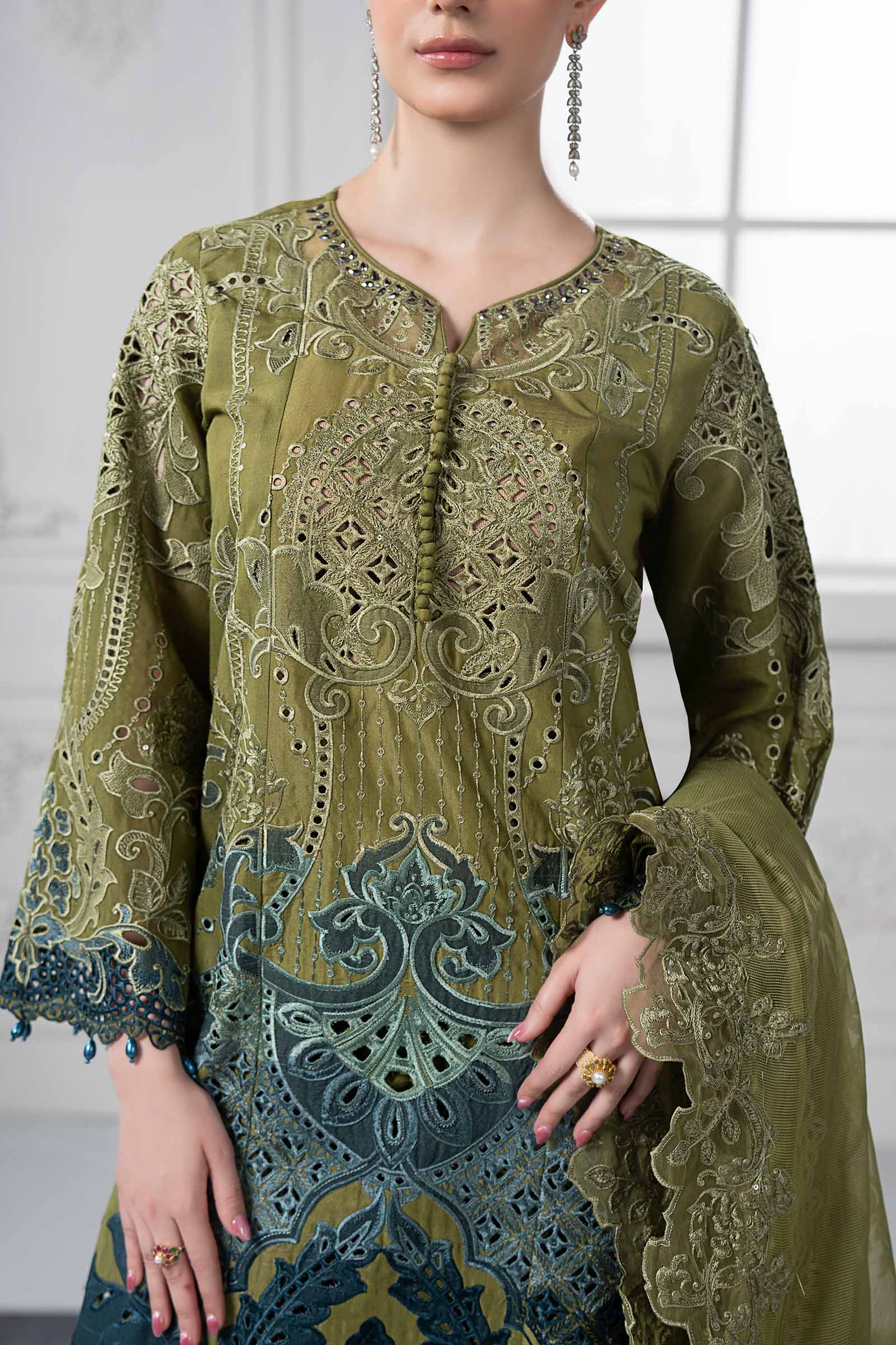3 Piece Embroidered Paper Cotton Suit | DS-2501-A - Image 4