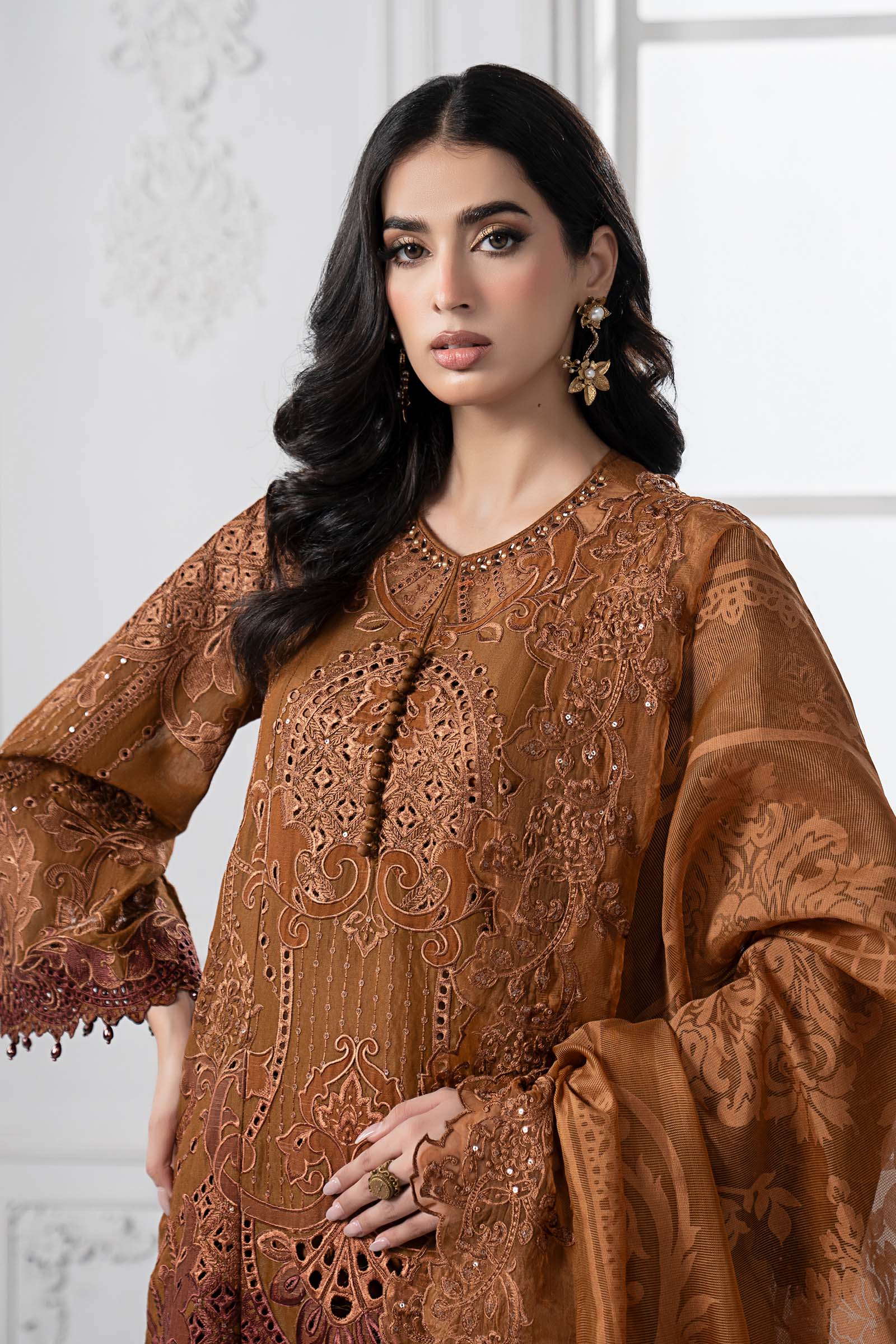 3 Piece Embroidered Paper Cotton Suit | DS-2501-B - Image 2