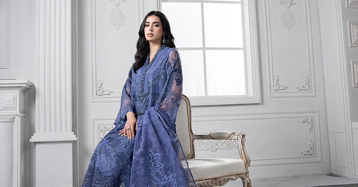 3 Piece Embroidered Organza Suit | DS-2506-B - Image 9