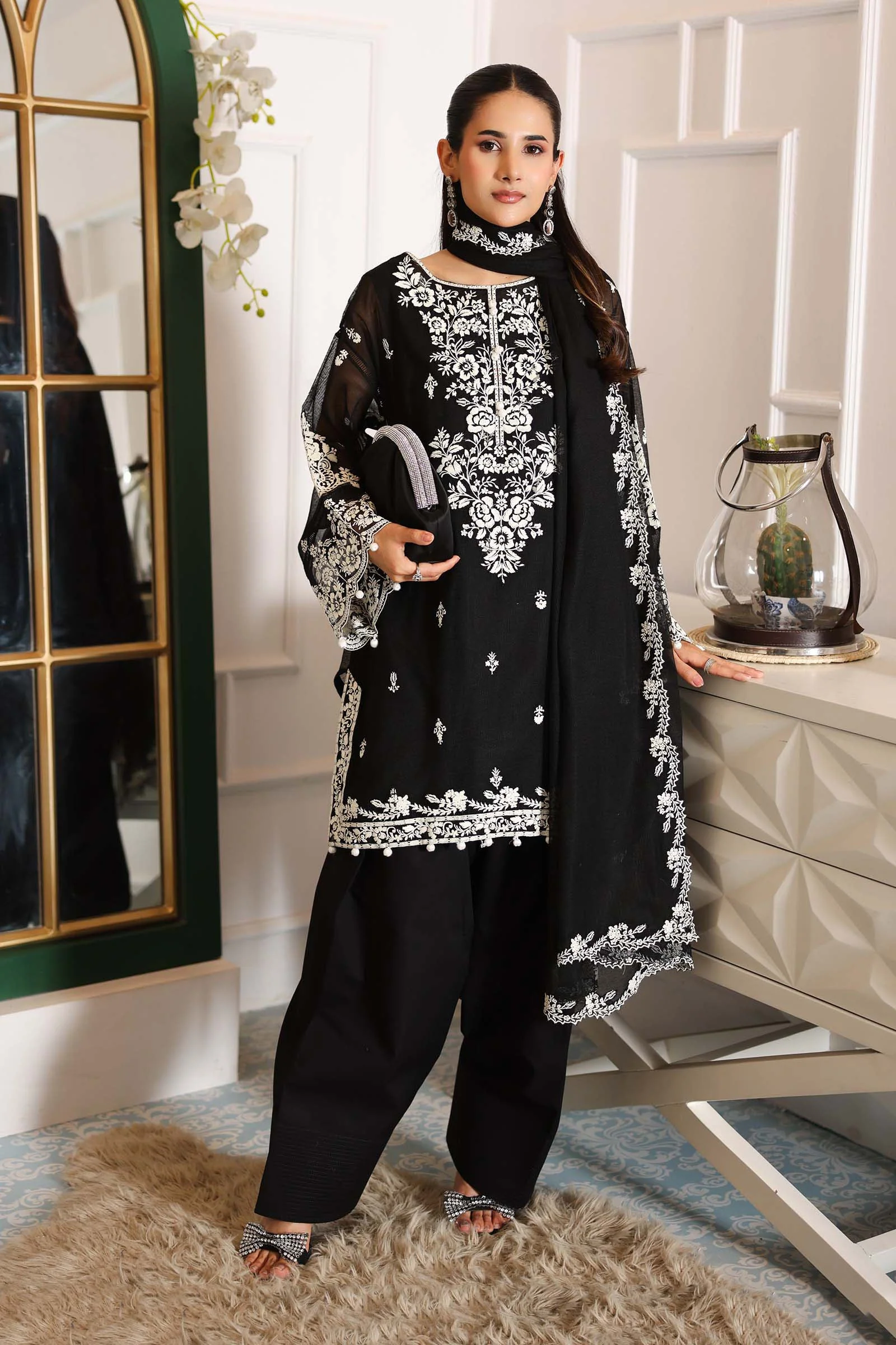 3 Piece Embroidered Cotton Net Suit - Image 2