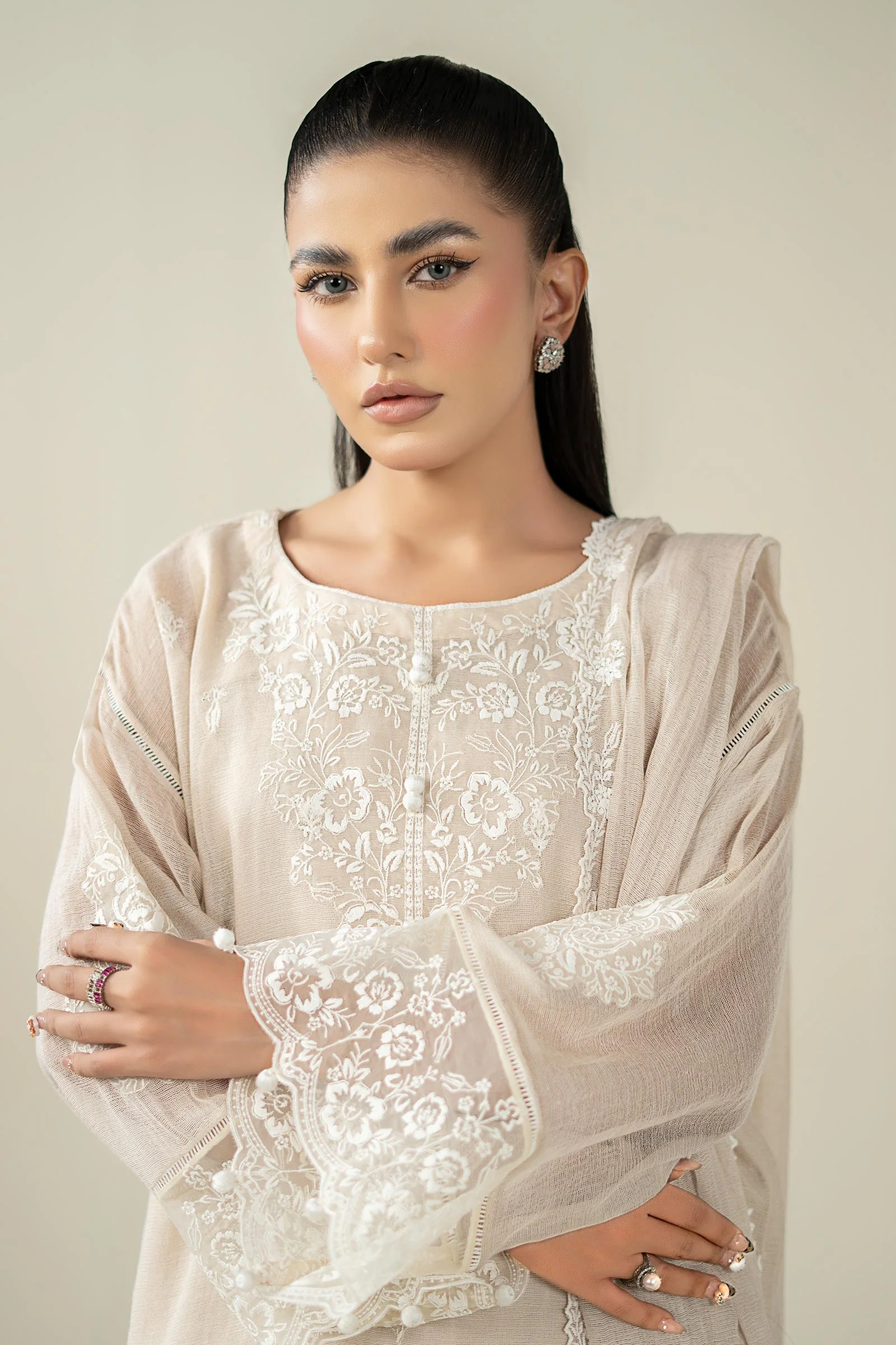3 Piece Embroidered Cotton Net Suit - Image 2