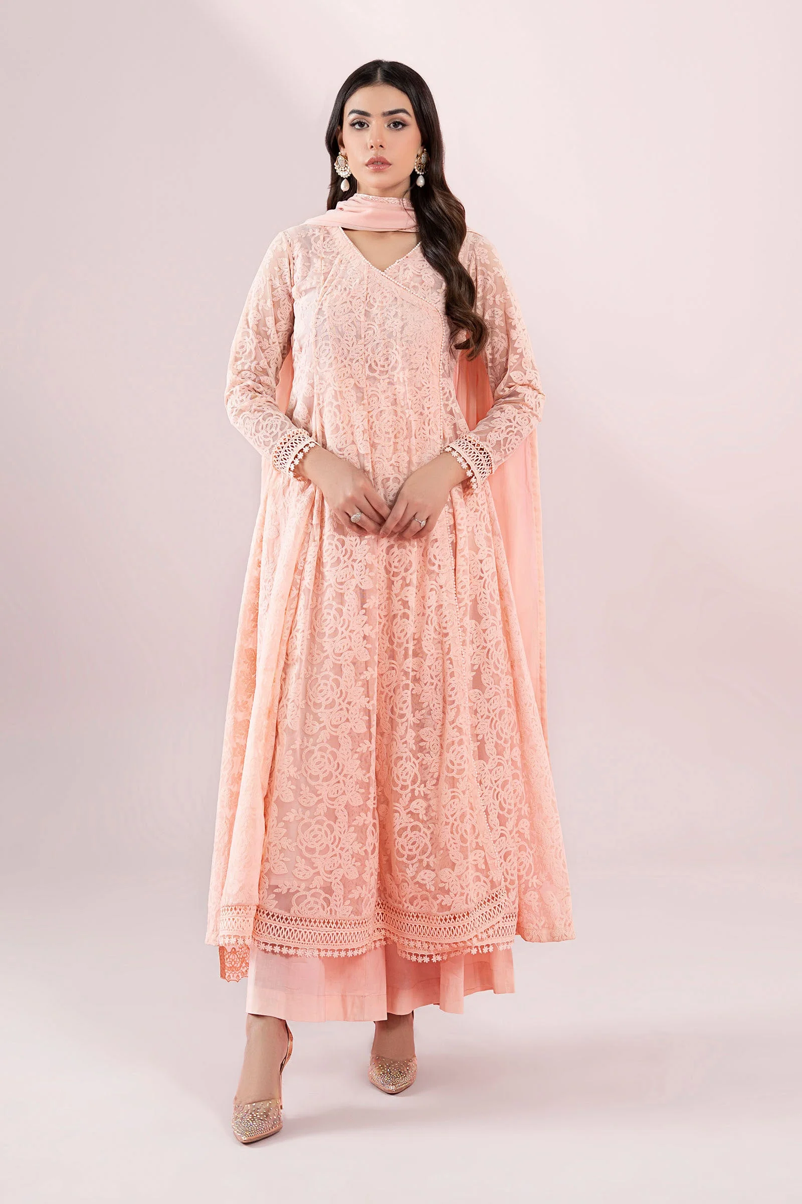 3 Piece Embroidered Polyester Net Suit